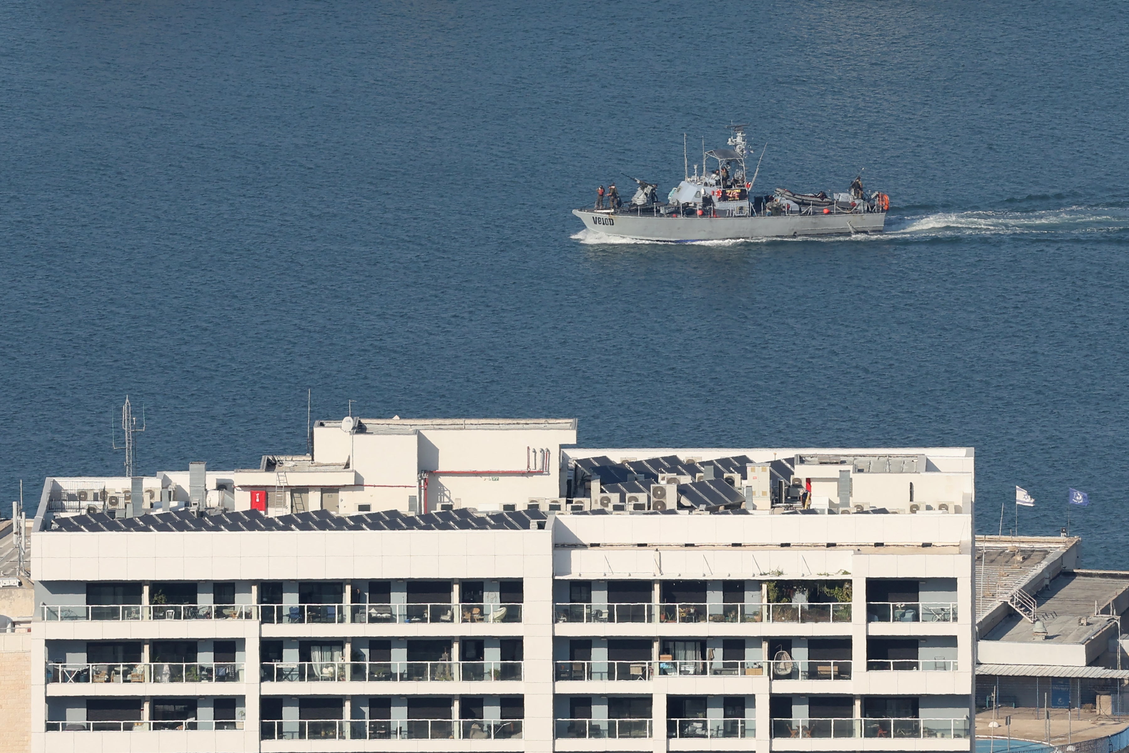 The Israeli Dvora-class fast patrol boat patrols the coast of the northern city of Haifa