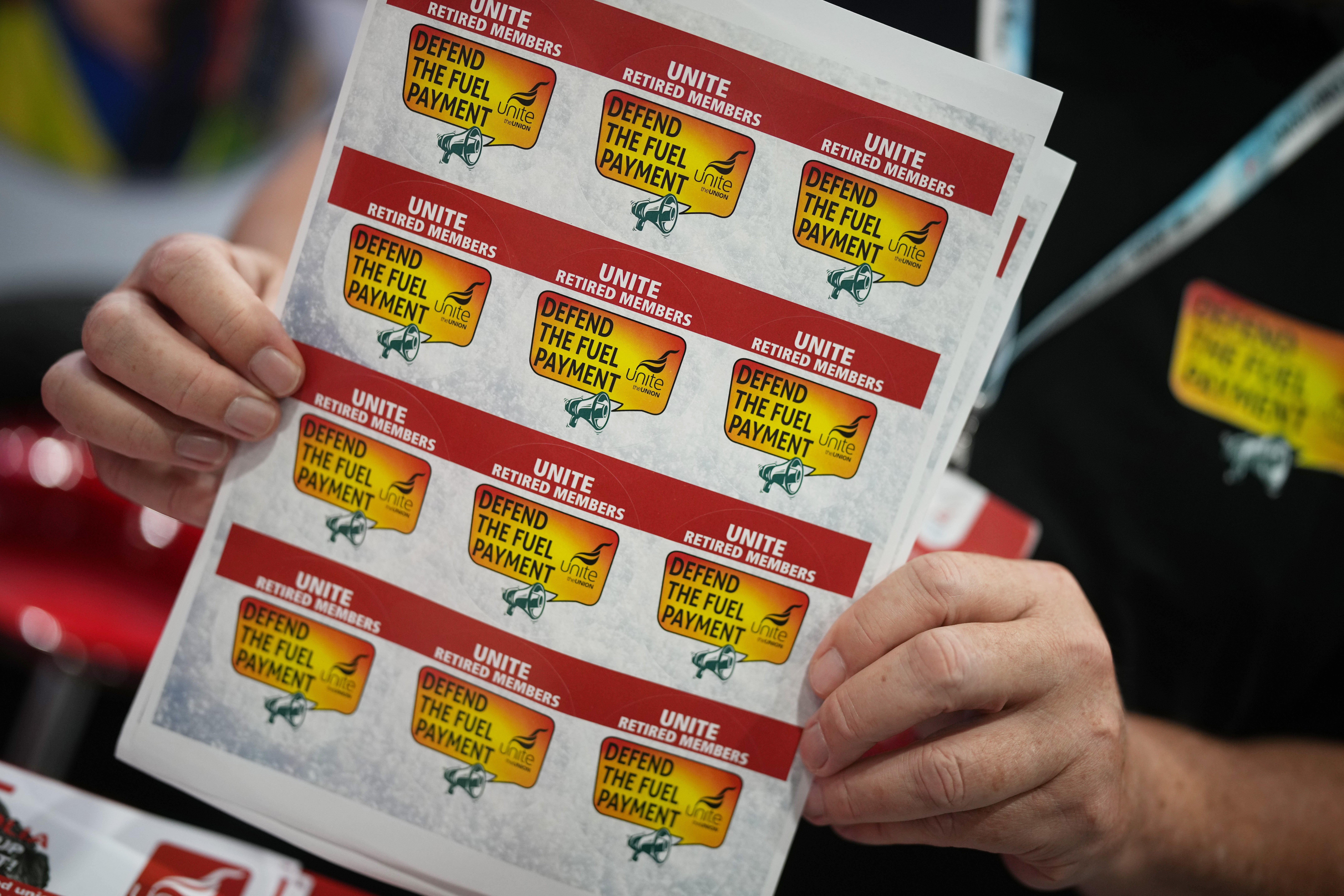 Sharon Graham, General Secretary of Unite the Union leads a small protest in the exhibition hall against the cuts to winter fuel payments