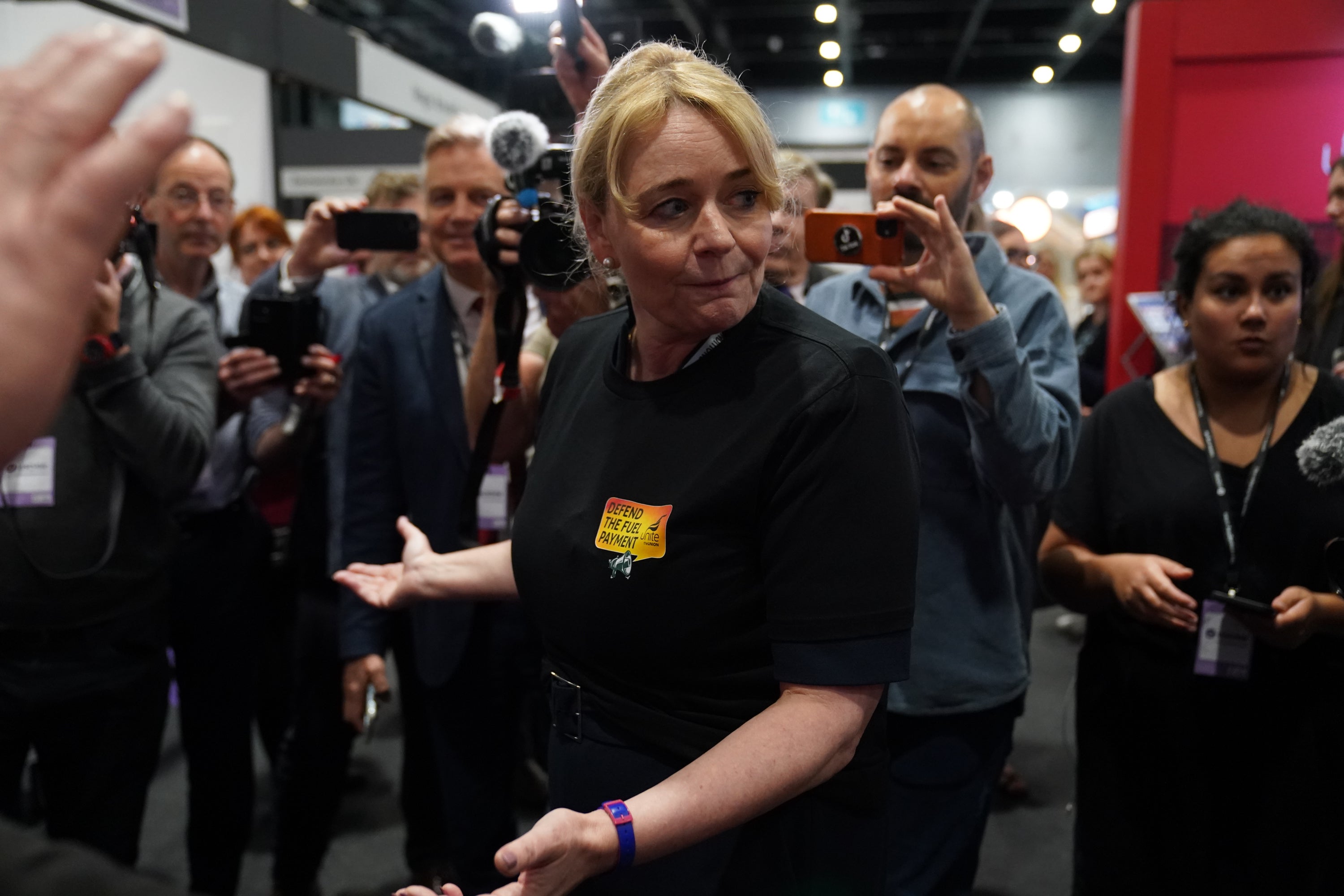 Unite general secretary Sharon Graham speaks to the media during the Labour Party Conference at the ACC Liverpool