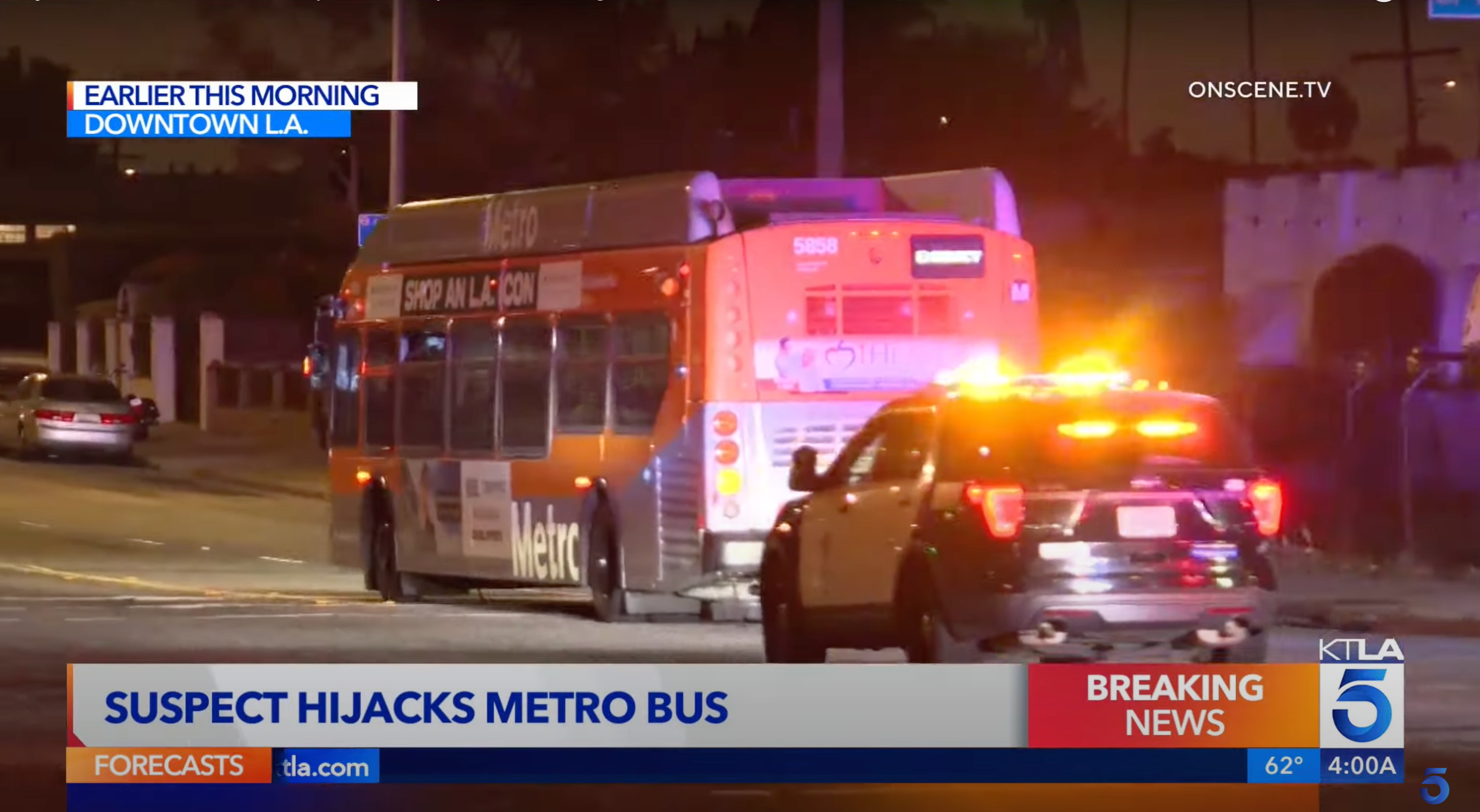 A bus was hijacked in the early hours on Wednesday morning, leading to an hour-long persuit through downtown LA