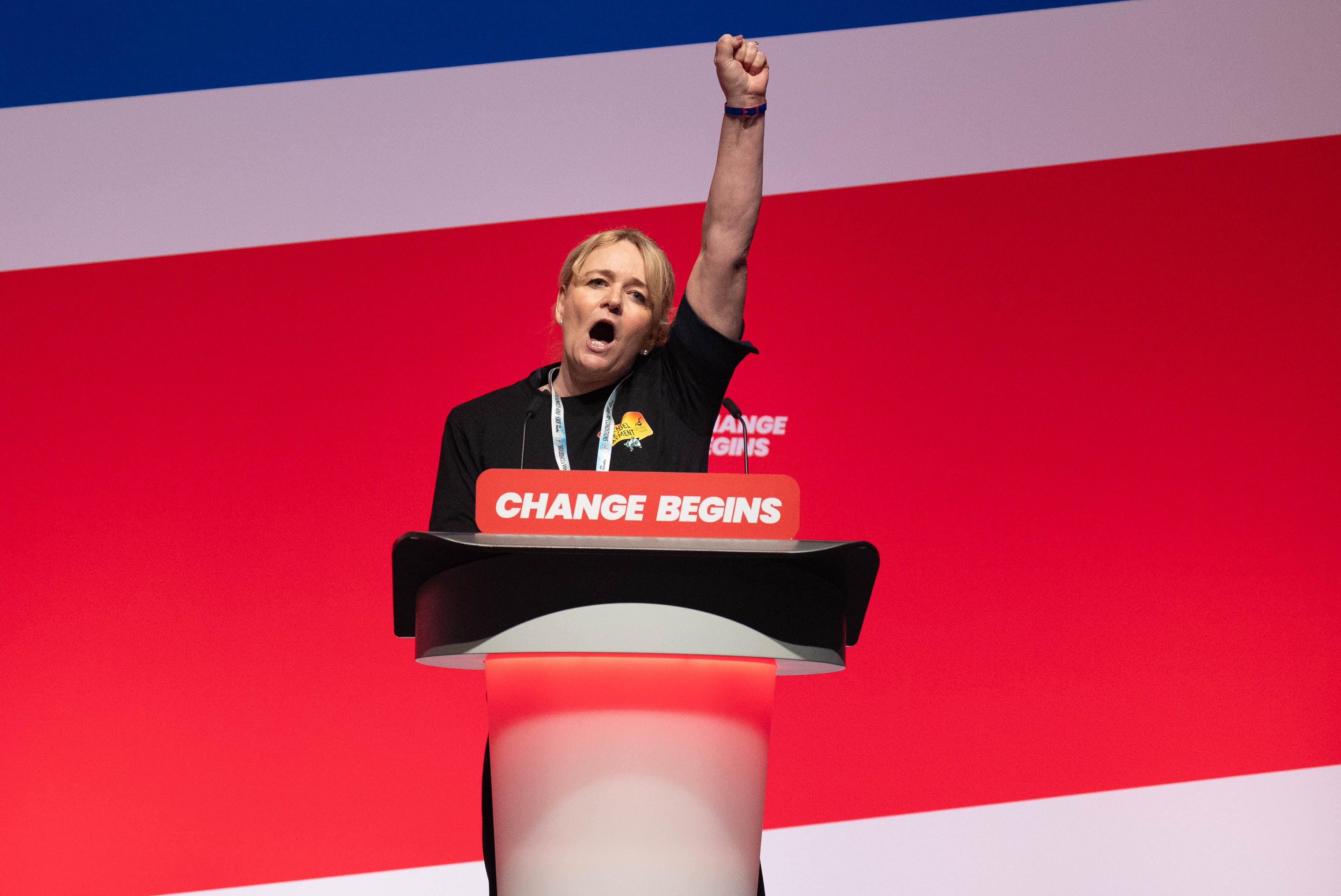 General Secretary of the Unite union, Sharon Graham speaks during a debate on cuts to the winter fuel allowance during the Labour Party Conference in Liverpool