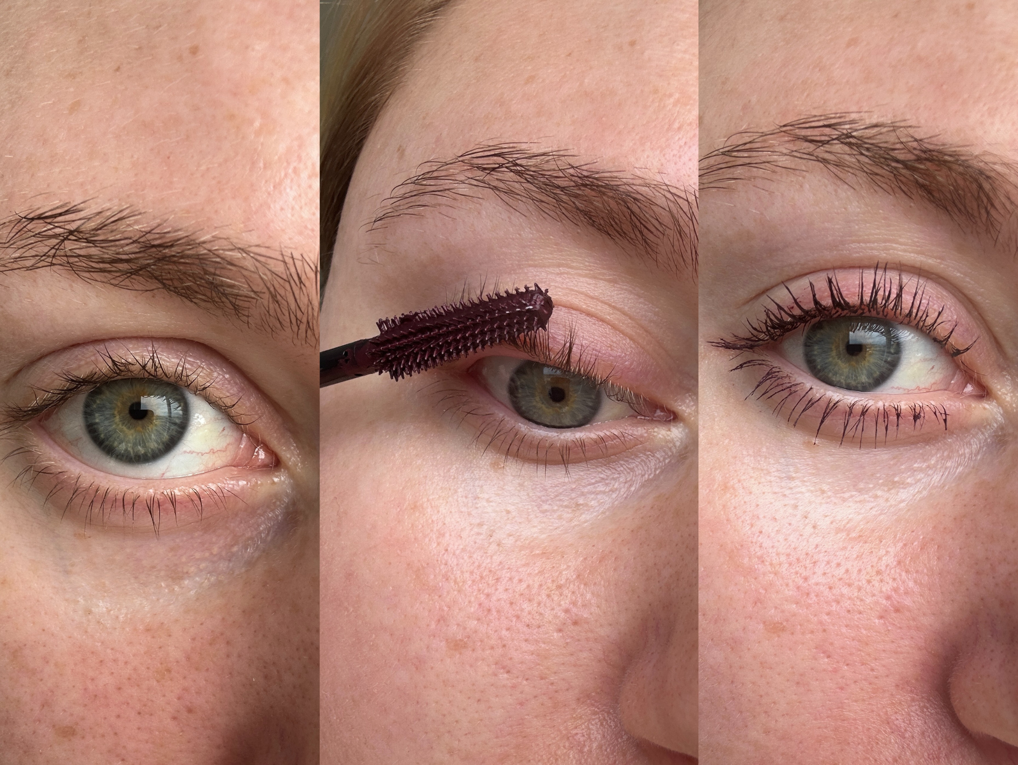 Before, during, and after applying the burgundy mascara