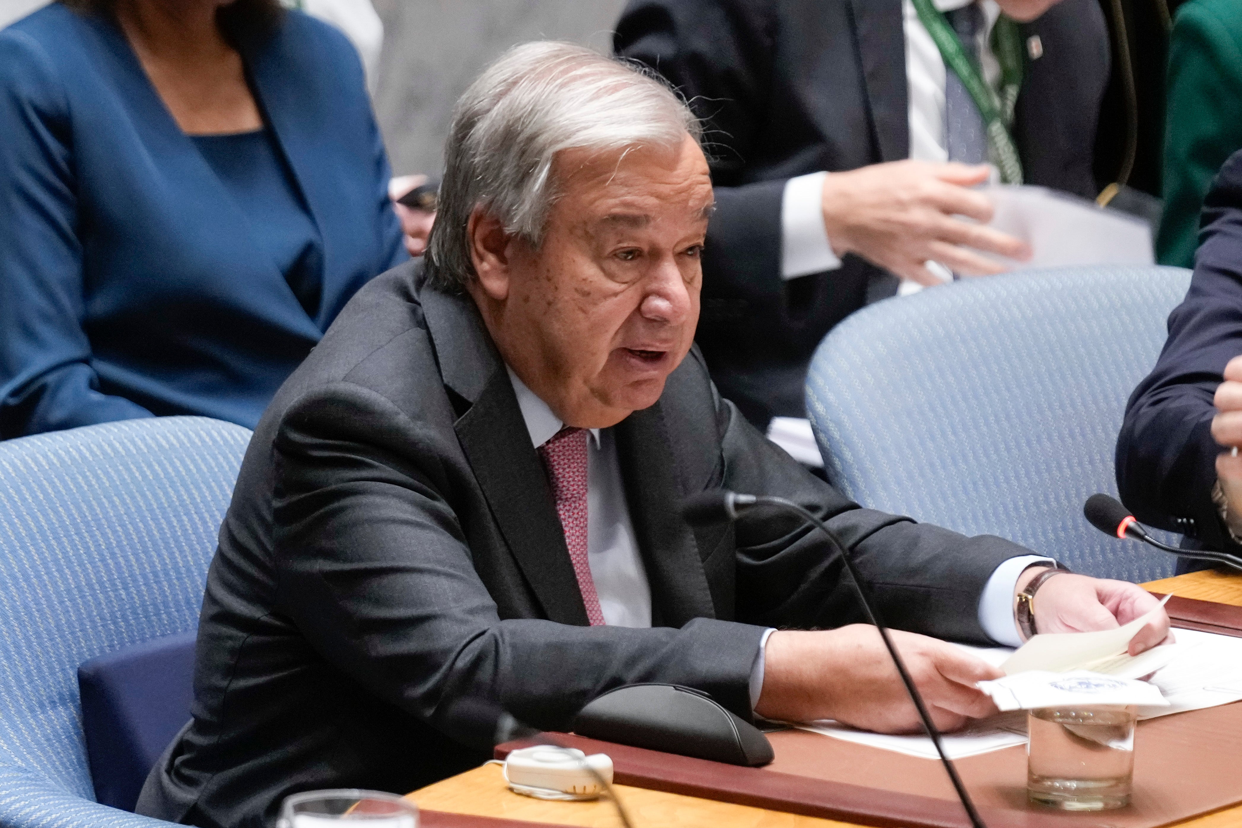 United Nations Secretary-General Antonio Guterres speaks during a Security Council meeting at United Nations headquarters last month