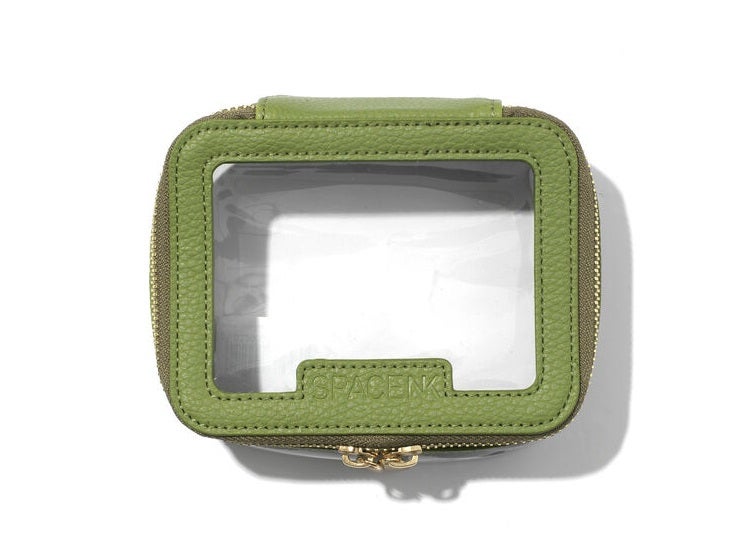 Clear make-up bag with green leather trim