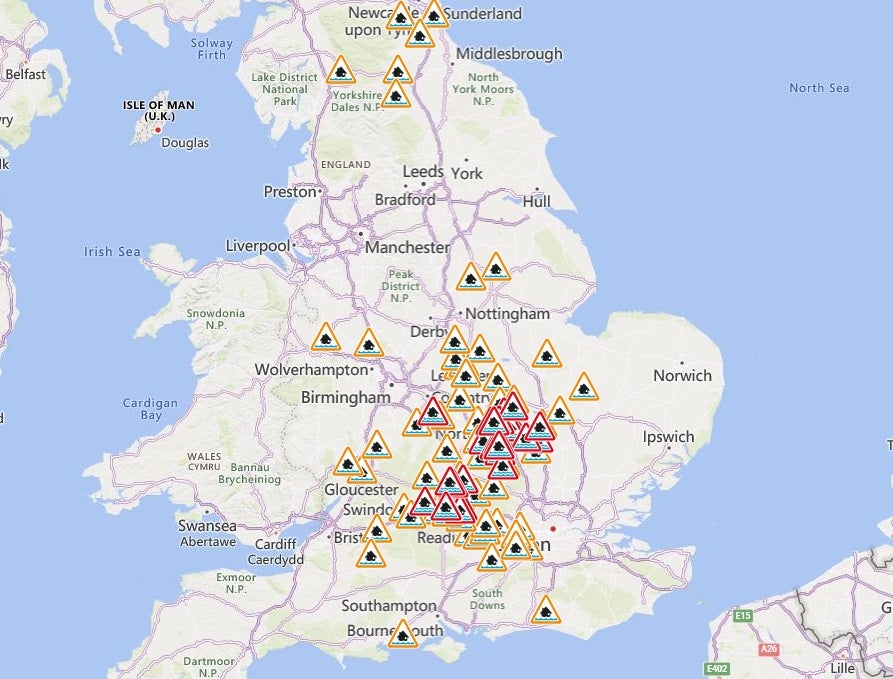 Map showing flood warnings (in red) and flood alerts (in yellow)