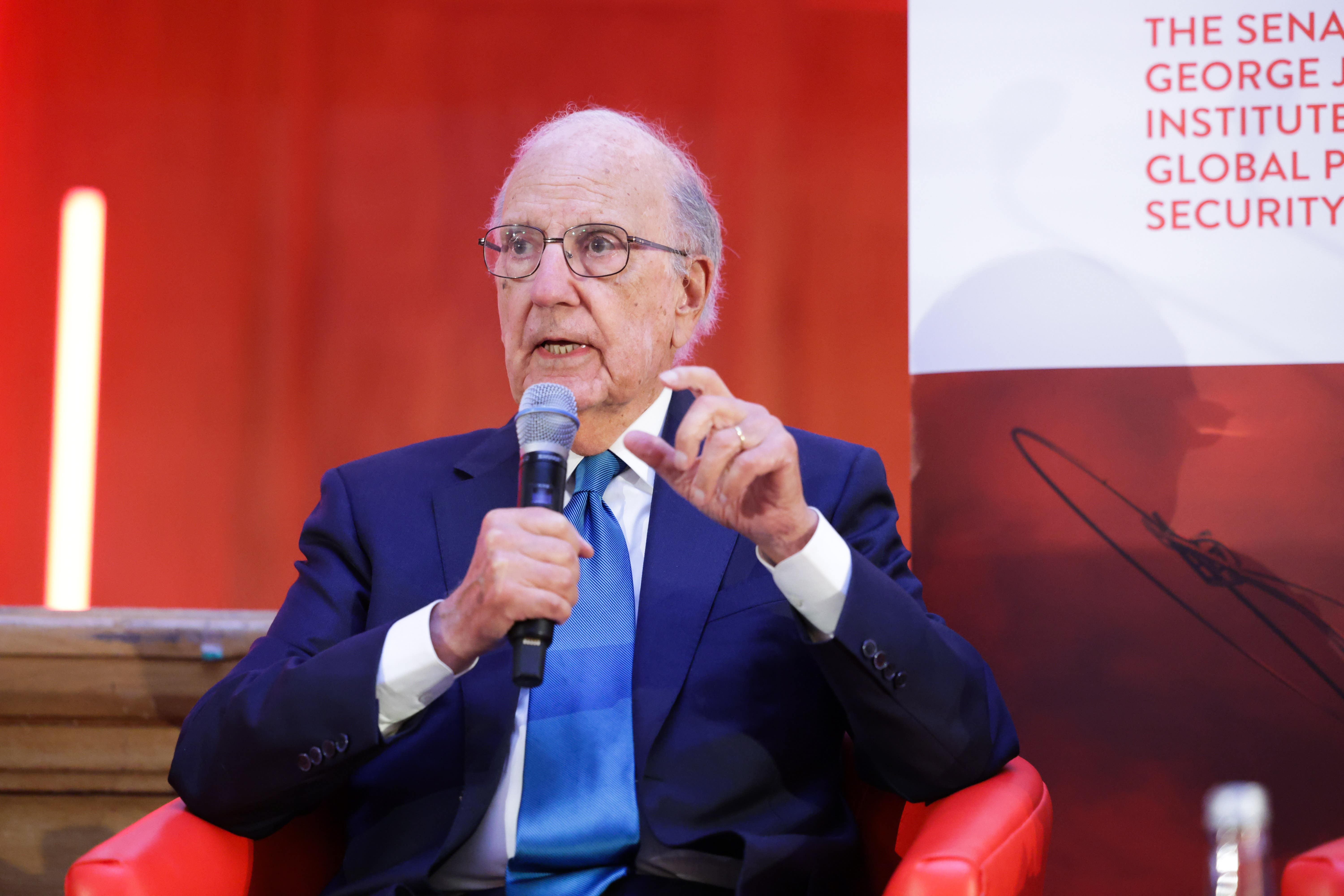 George Mitchell spoke at the event at the Whitla Hall at Queen’s University, Belfast (Kelvin Boyes/PA)