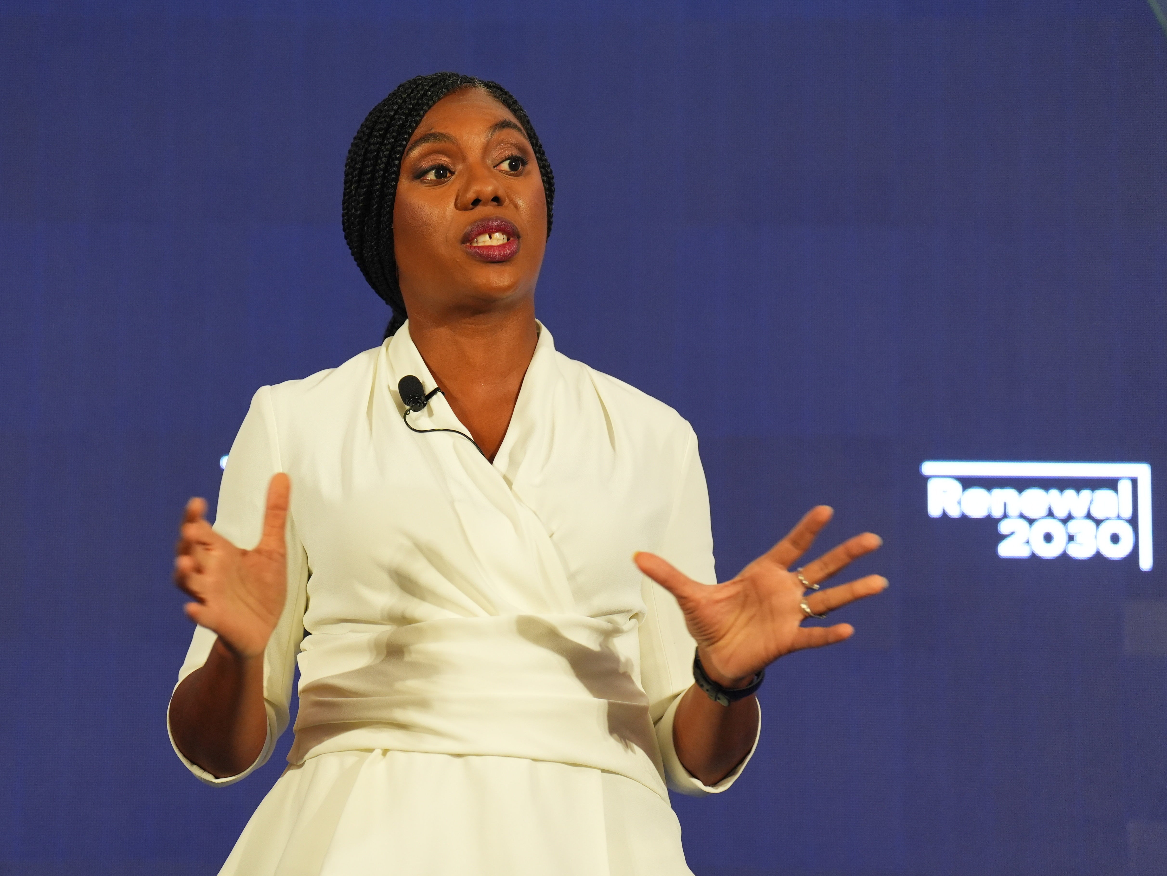 Kemi Badenoch speaking at a Conservative Party leadership campaign event at IET London