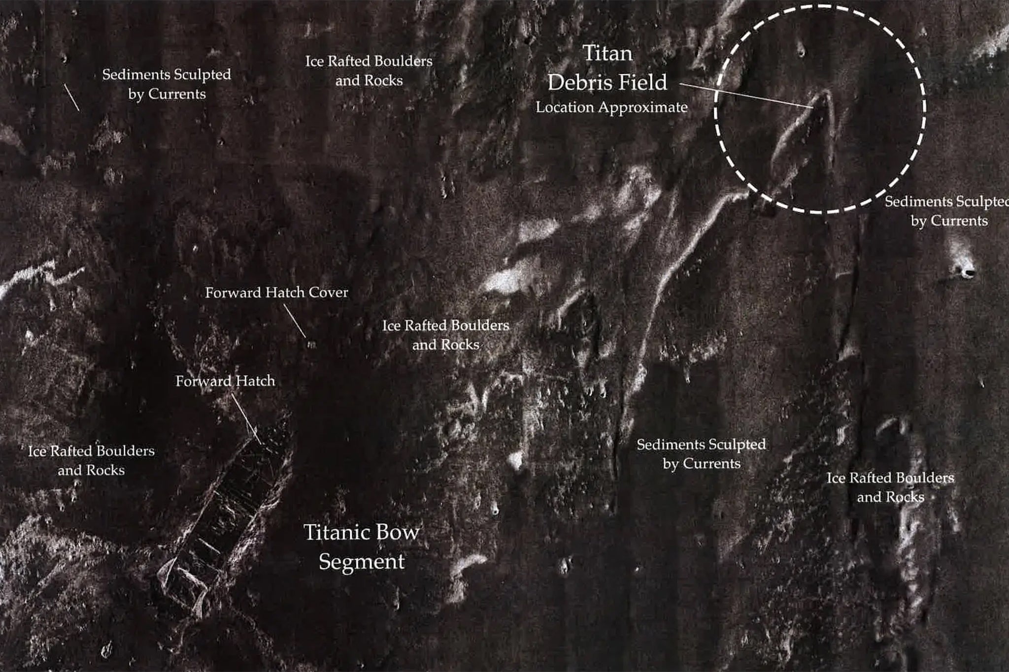 A map released by the Coast Guard shows the Titan debris field in relation to the Titanic.