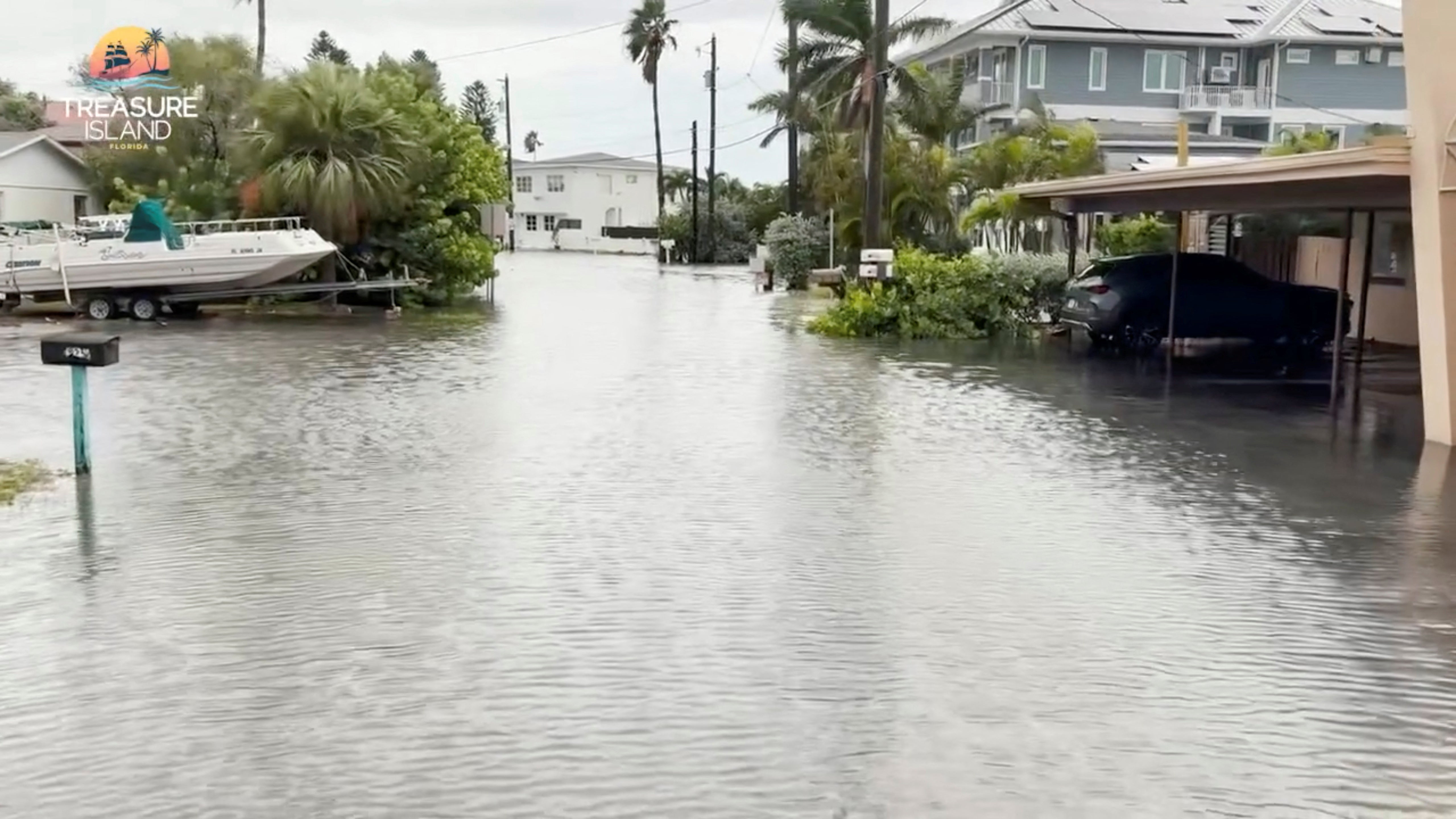 A Treasure Island residential street lies submerged in floodwater as Hurricane Helene approaches Florida, U.S., in this still image obtained from undated social media video released September 26, 2024. The City of Treasure Island, Florida via REUTERS THIS IMAGE HAS BEEN SUPPLIED BY A THIRD PARTY. NO RESALES. NO ARCHIVES. MUST NOT OBSCURE LOGO.