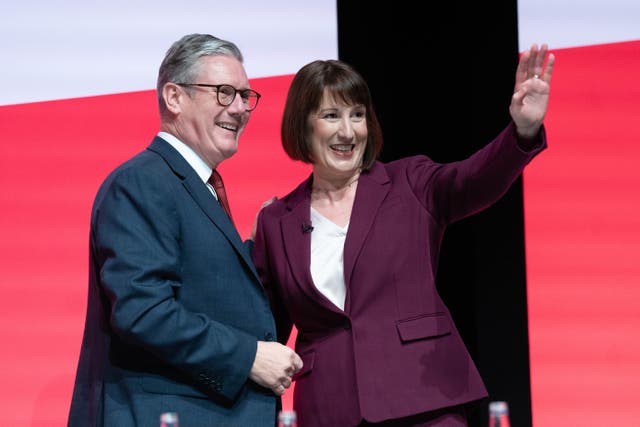 <p>Prime Minister Keir Starmer congratulates Chancellor of the Exchequer Rachel Reeves after she addressed the Labour Party Conference in Liverpool (Stefan Rousseau/PA)</p>