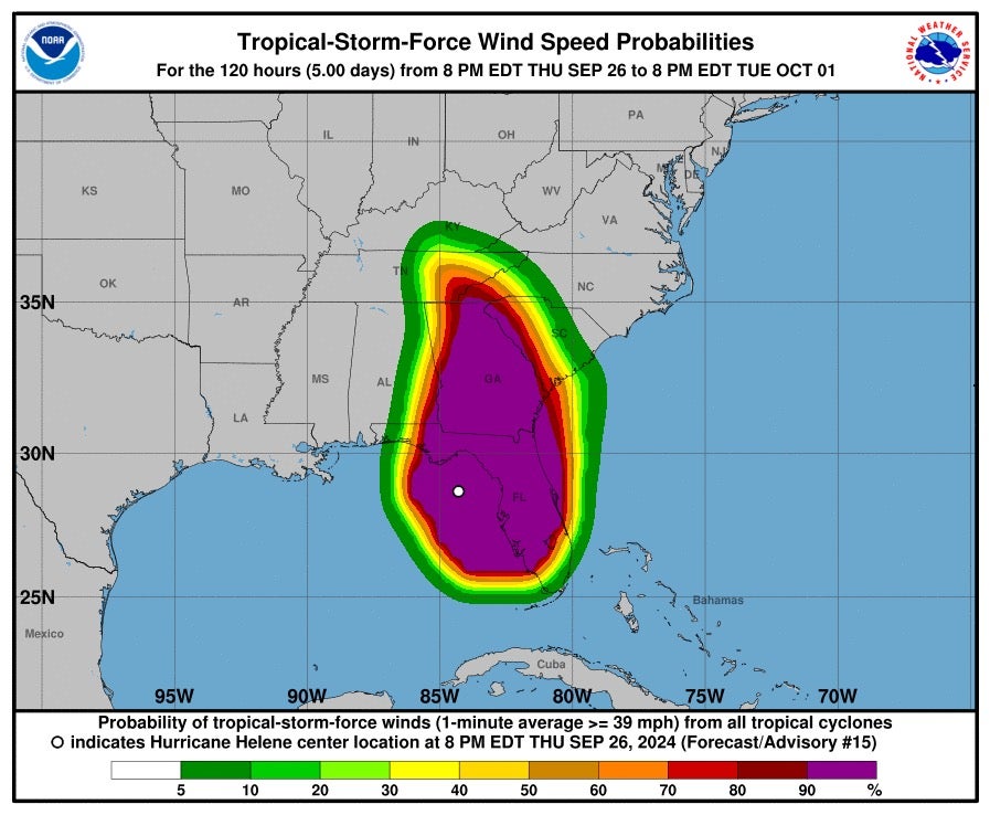 Almost all of Florida and Georgia is expected to suffer from tropical storm force wind speeds