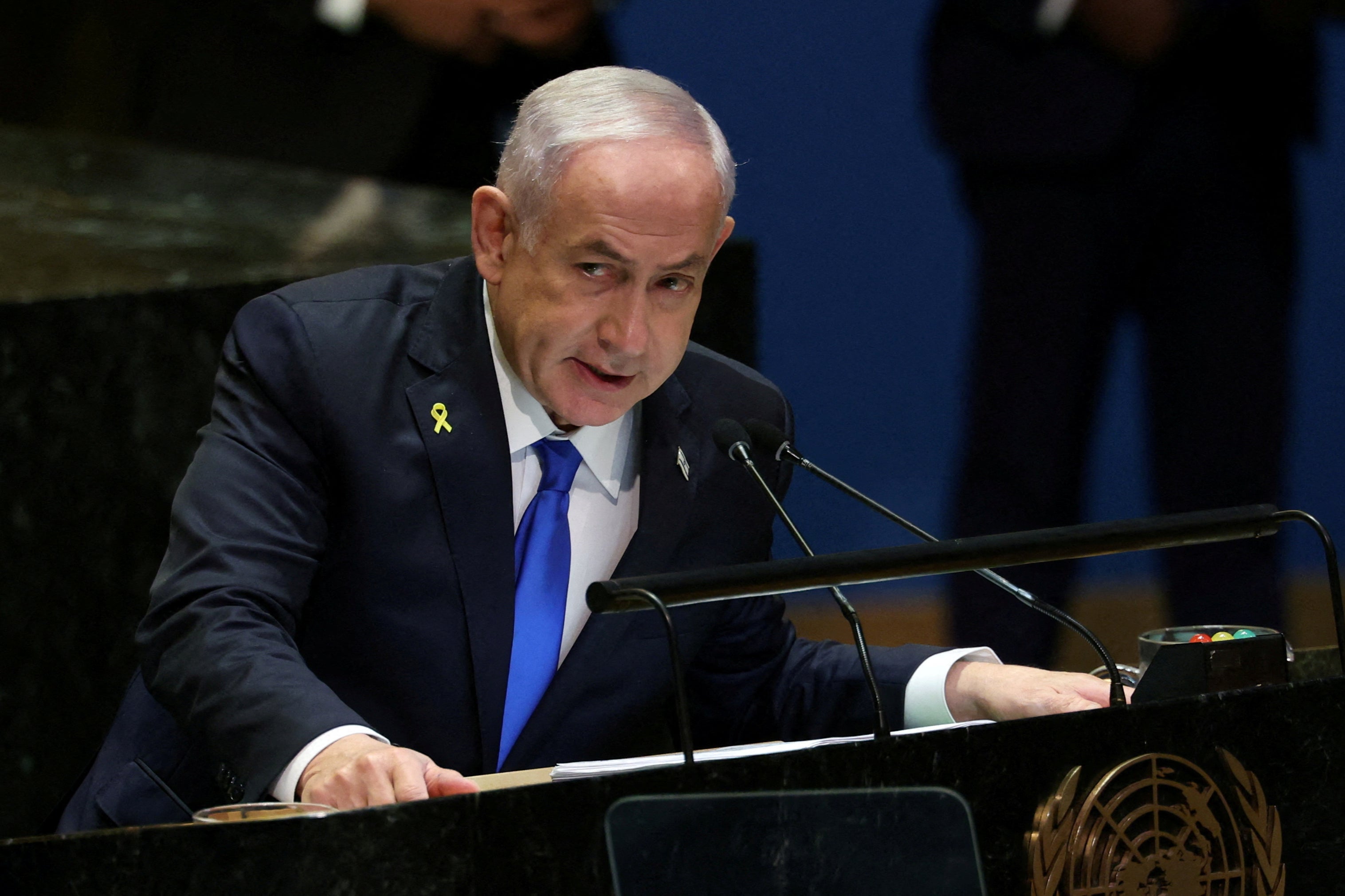 Israel's Prime Minister Benjamin Netanyahu, pictured at the 79th United Nations General Assembly, said Israel will continue to defend itself against those who launch attacks against it