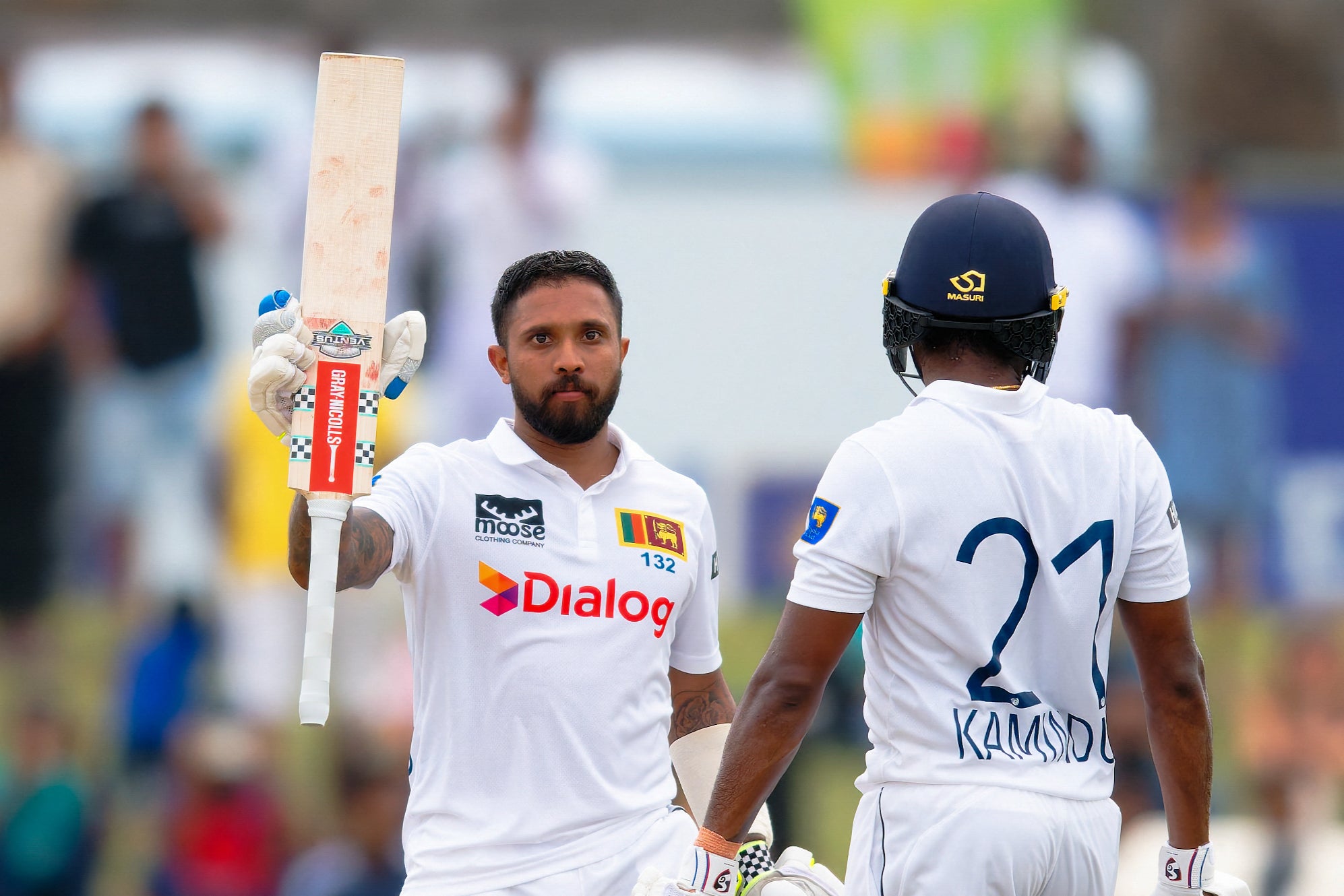 Sri Lanka’s Kusal Mendis celebrates after scoring a century