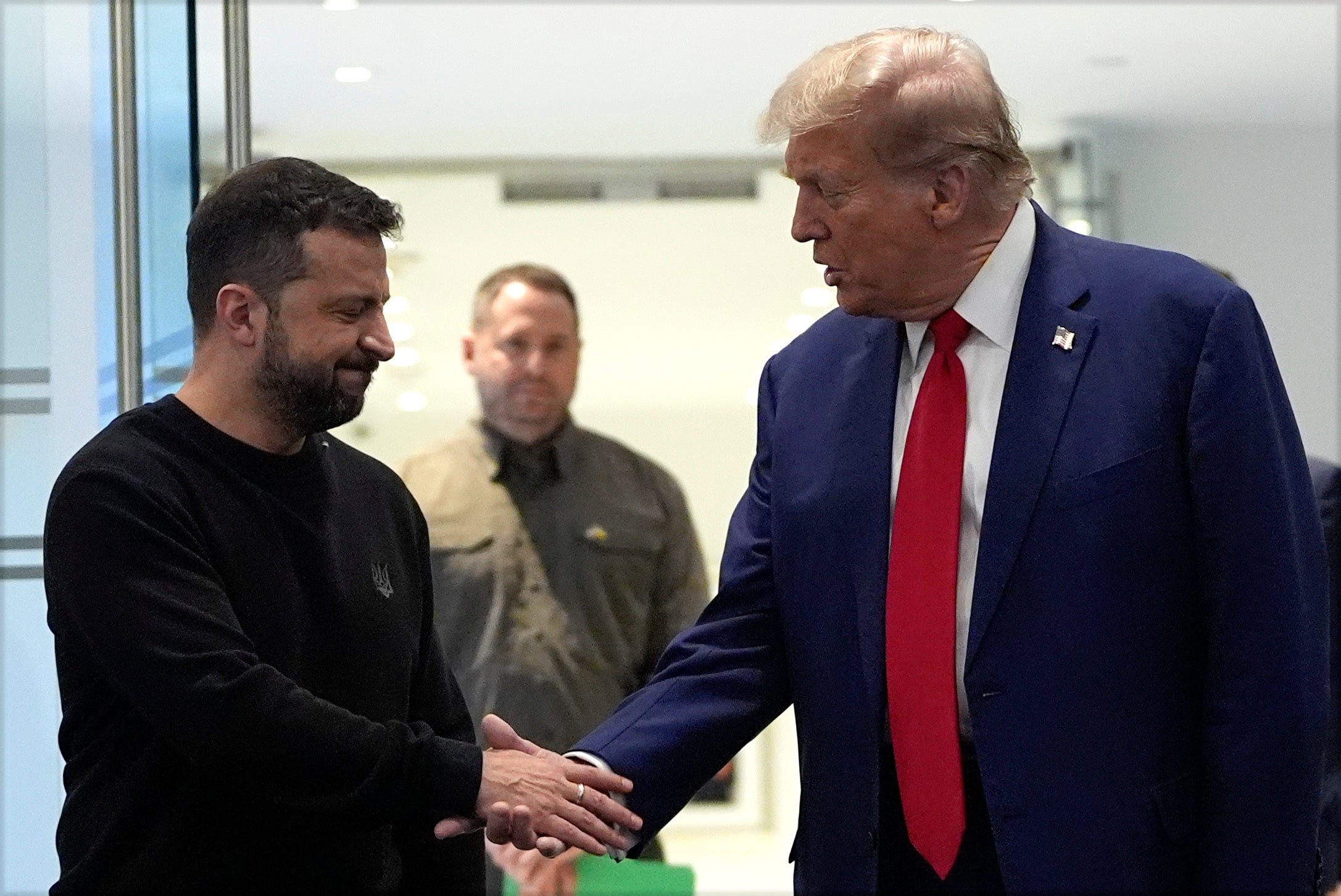 Republican presidential nominee former President Donald Trump meets with Ukraine's President Volodymyr Zelenskyy at Trump Tower, Friday, Sept. 27, 2024, in New York. (AP Photo/Julia Demaree Nikhinson)