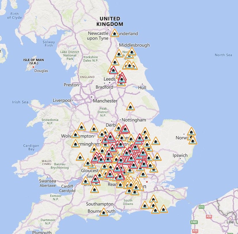 Flood warnings (in red) still in place for many parts of the UK on Friday