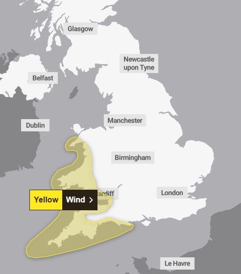 The yellow weather warning in place for parts of Wales and the South West on Sunday