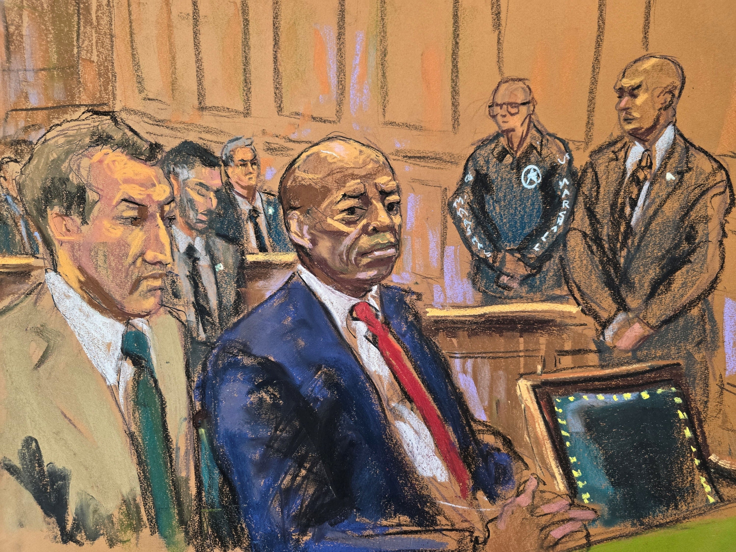 Adams, depicted in a courtroom sketch, sat besides his attorney while being arraigned on Friday. He has denied the allegations against him and resisted calls to resign