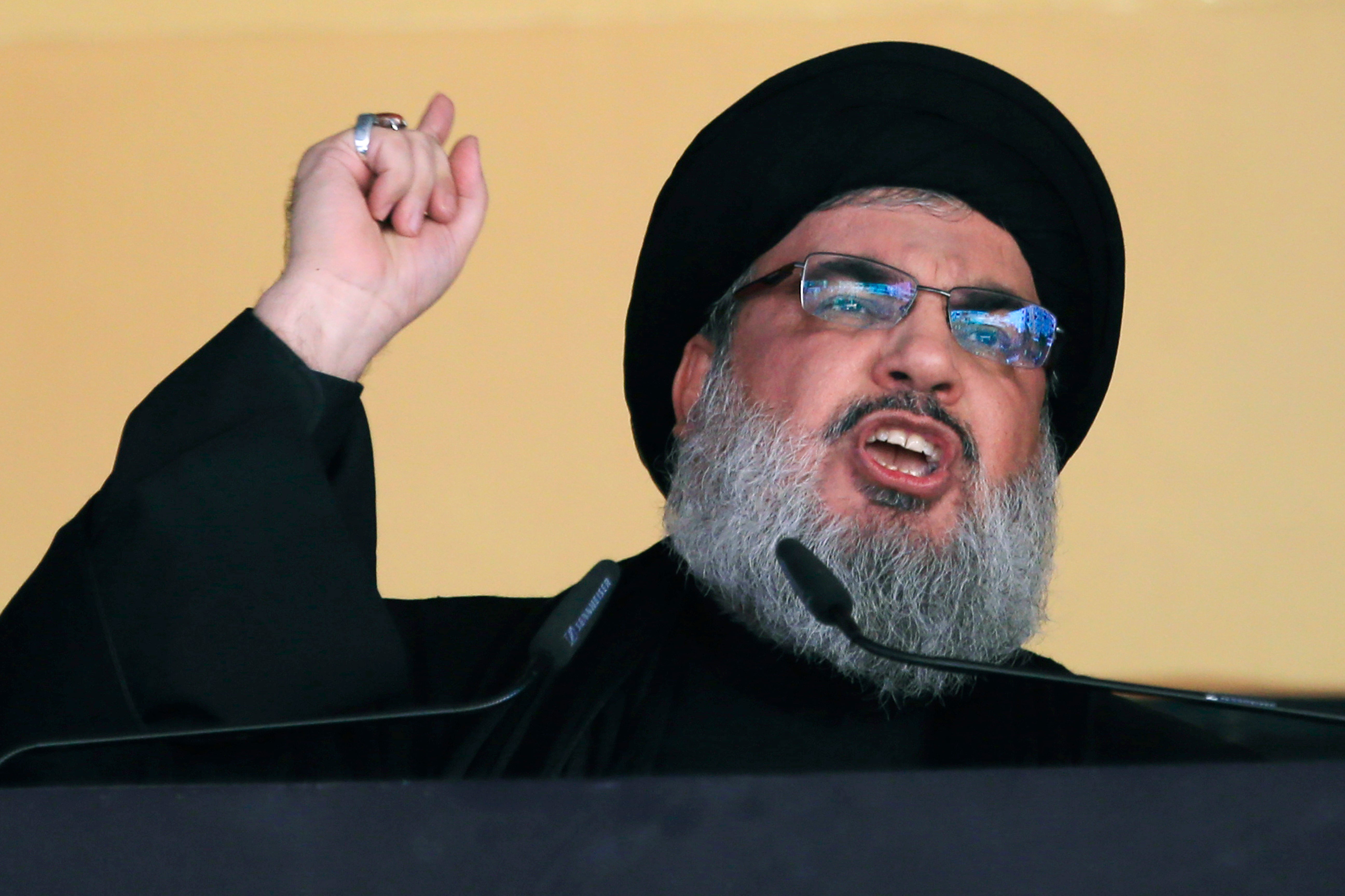 Nasrallah addresses a crowd in October 2015 during the holy day of Ashoura, in a southern suburb of Beirut