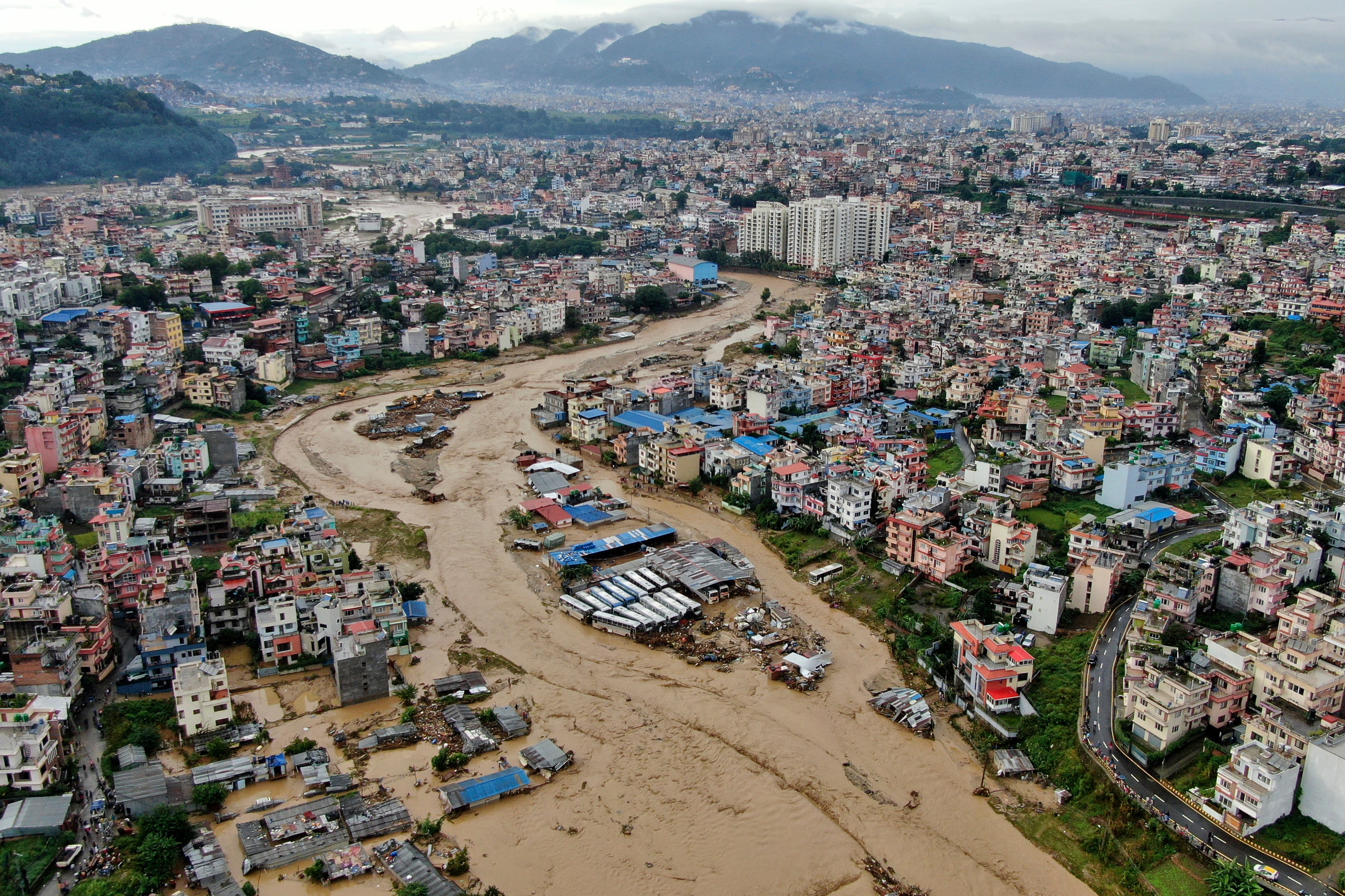 In this aerial image of the Kathmandu valley, Bagmati River is seen in flood due to heavy rains in Kathmandu, Nepal