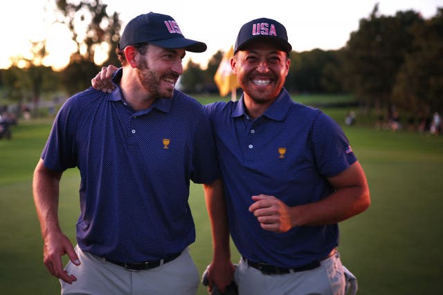 <p> Patrick Cantlay and Xander Schauffele celebrate during the Saturday afternoon Foursomes </p>