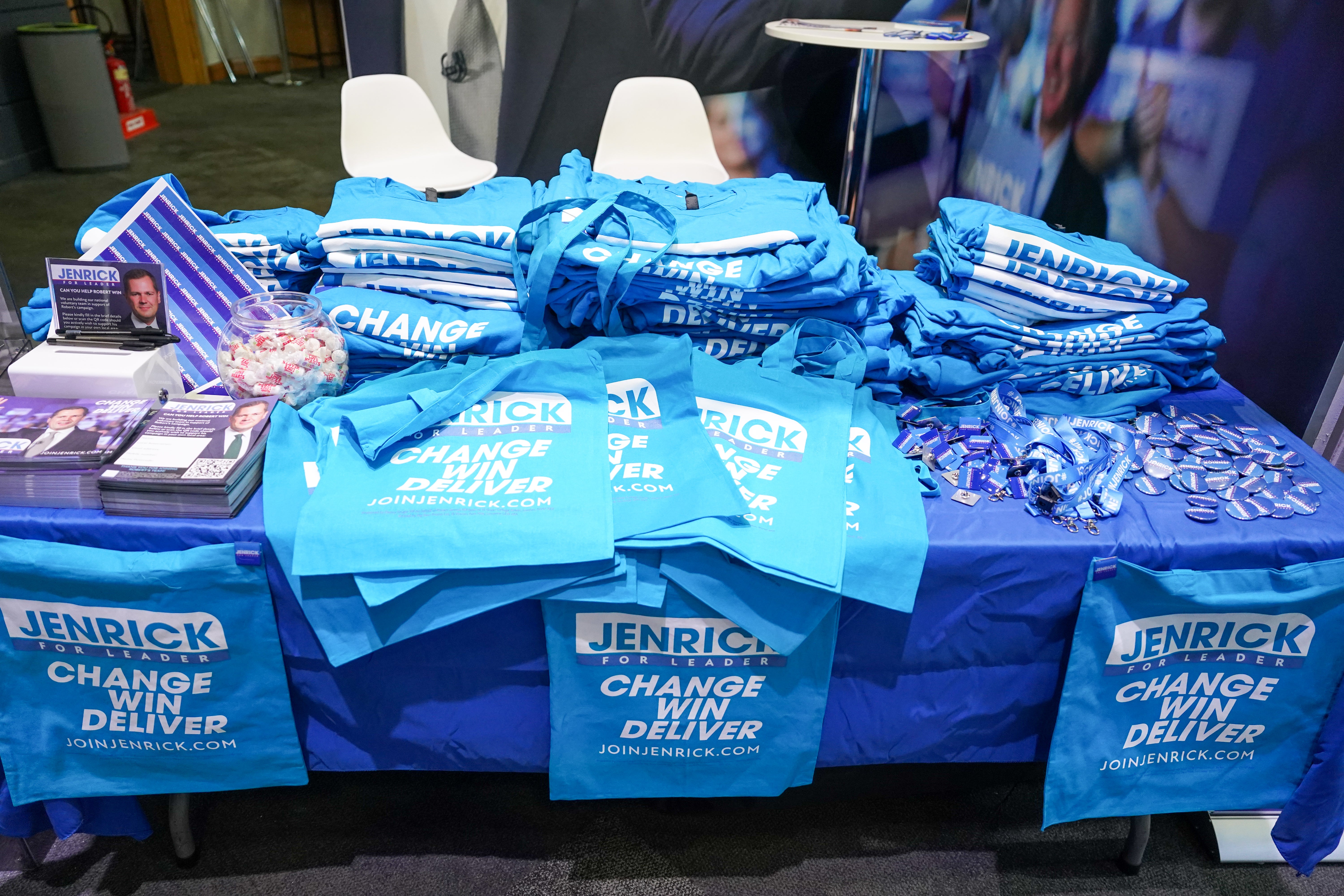 Stands stocking campaign merchandise for Conservative leadership contender Robert Jenrick is displayed at Birmingham ICC Arena