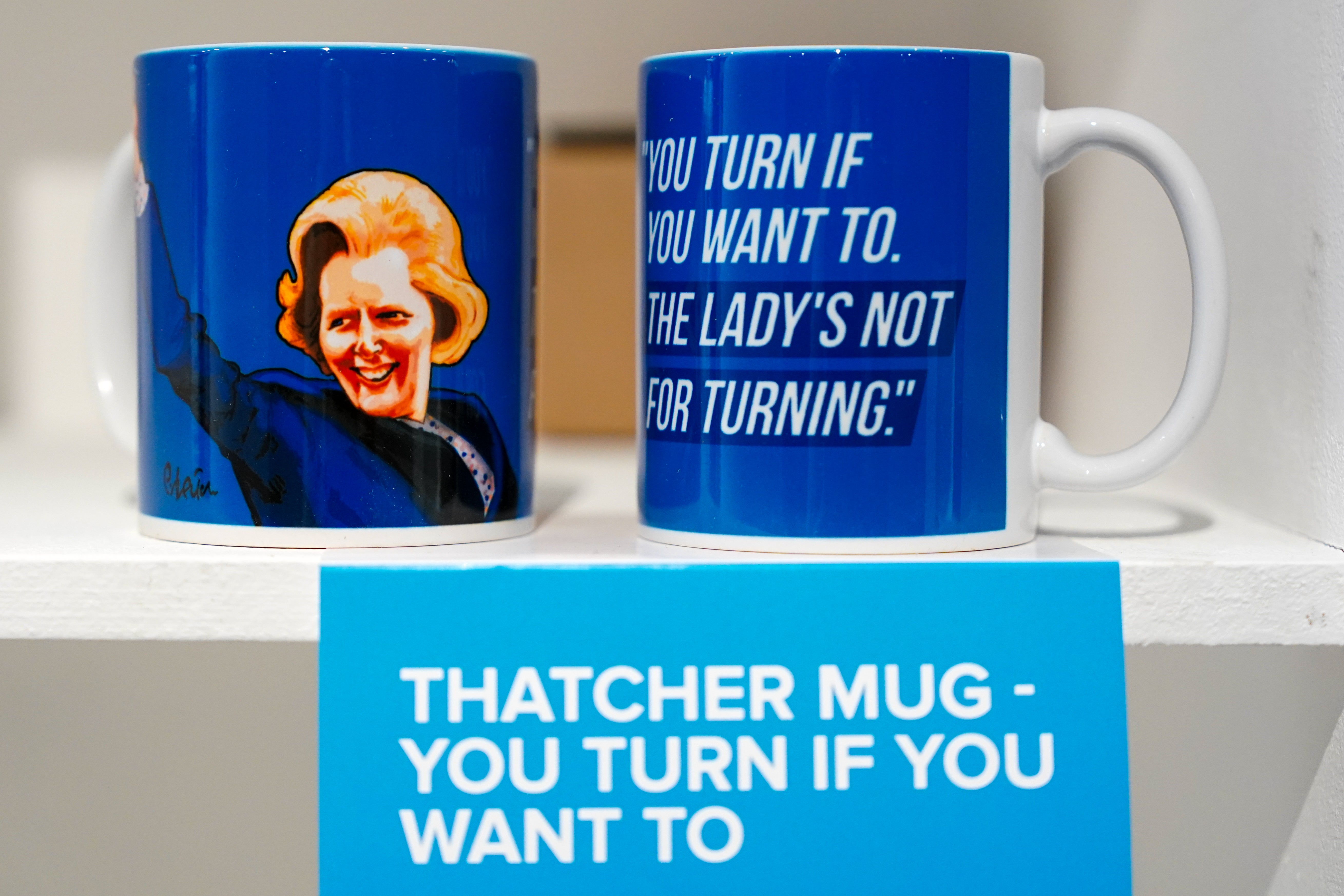 Merchandise of Margaret Thatcher is sold at the Conservative Party merchandise shop at Birmingham ICC Arena