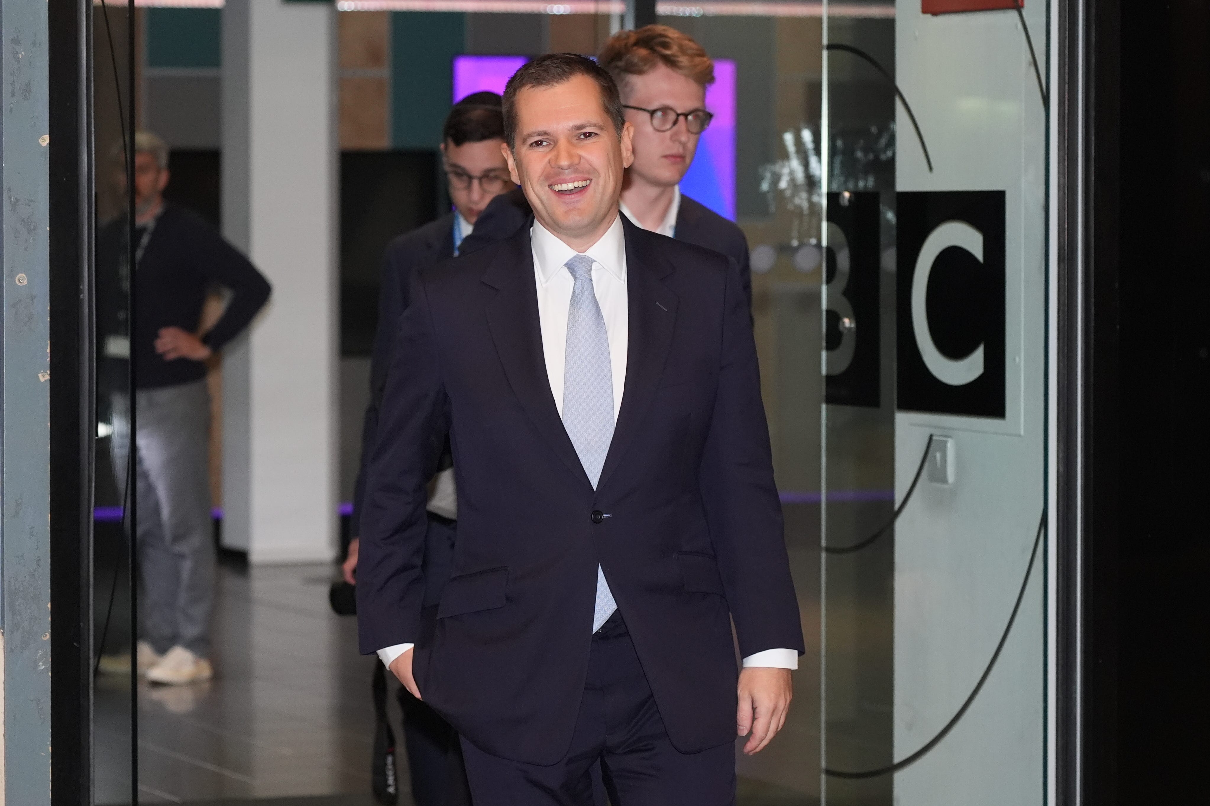 Robert Jenrick leaving after appearing on the BBC One current affairs programme, Sunday With Laura Kuenssberg (Jacob King/PA)