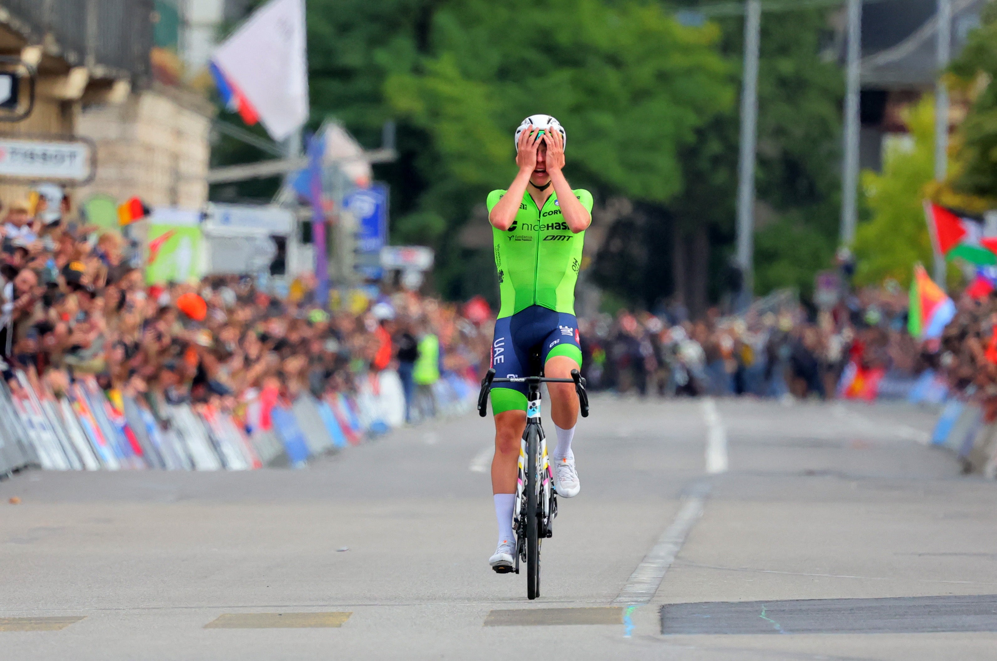 Pogacar reacts after winning the World Championship