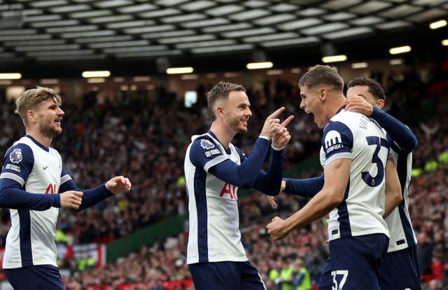 <p>James Maddison points at Micky van de Ven after Brennan Johnson’s goal </p>