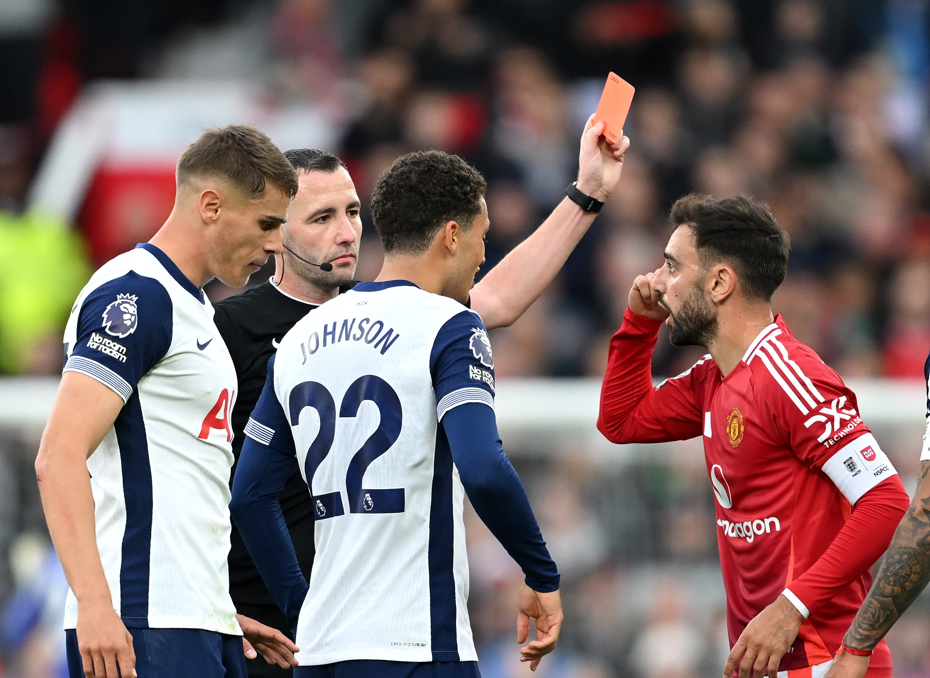 Bruno Fernandes was shown a red card by referee Chris Kavanagh