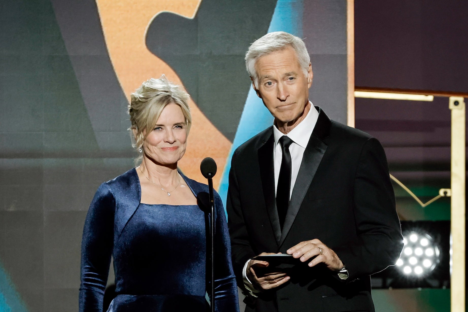 Mary Beth Evans and Drake Hogestyn speak onstage during the 50th Daytime Emmy Awards in 2023