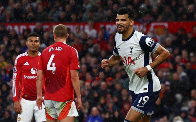 <p>Dominic Solanke celebrates scoring Tottenham Hotspur’s  third goal </p>