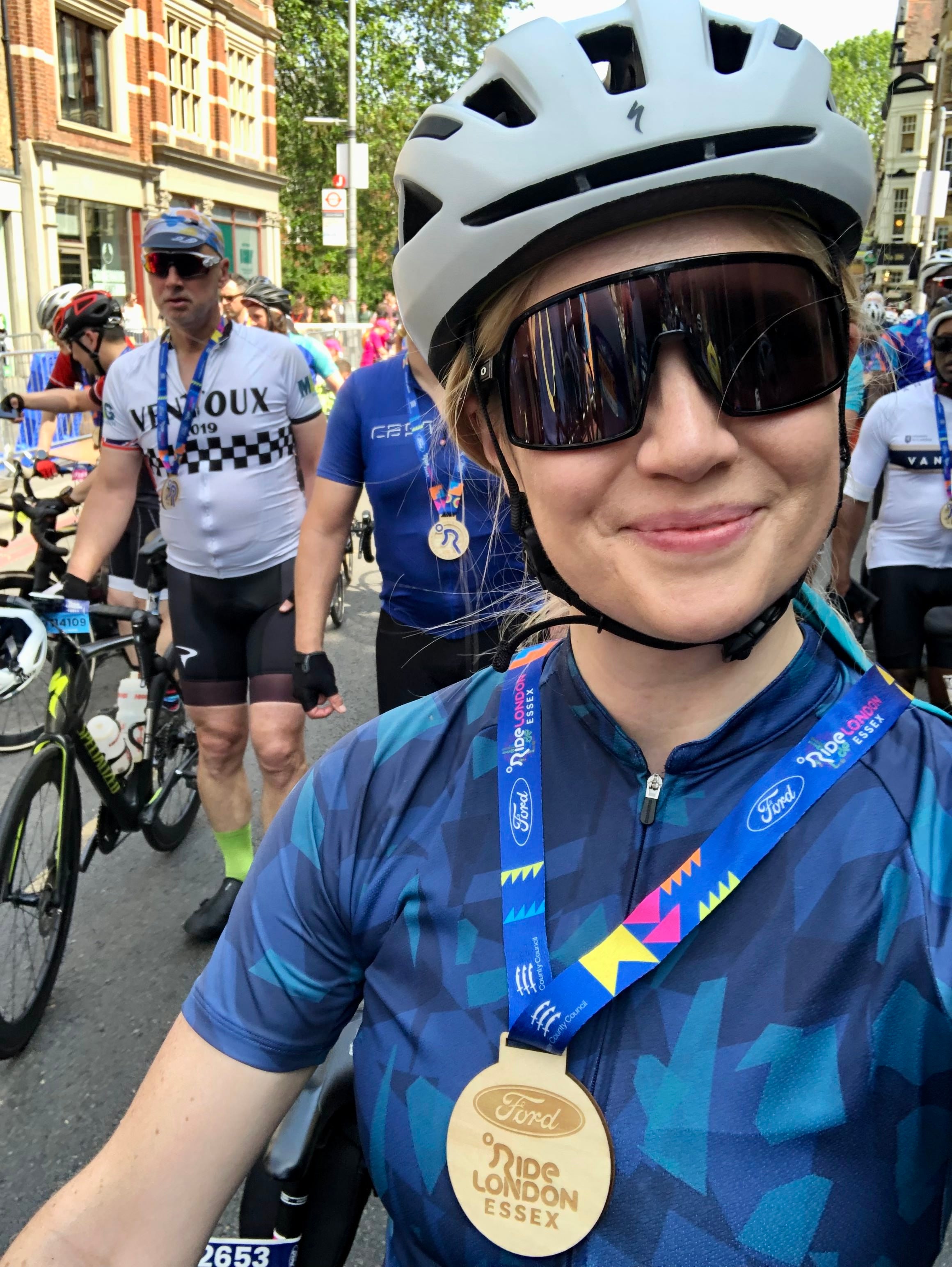 Virginia wearing her RideLondon-Essex medal