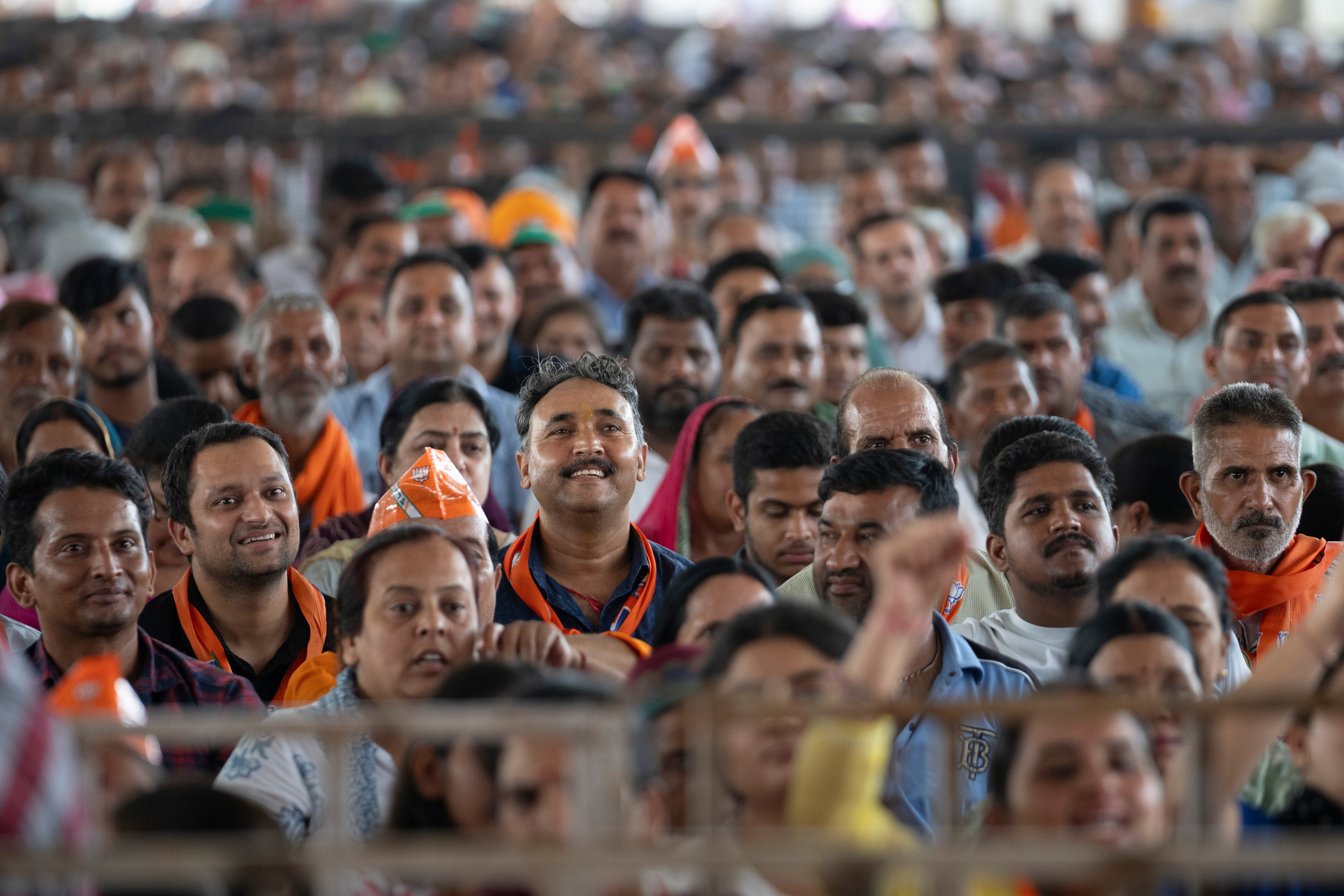 Bharatiya Janata Party (BJP) supporters listen as their Indian Prime Minister Narendra Modi speaks during a campaign rally of Jammu and Kashmir Assembly elections in Jammu, India, Saturday, 28 Sept 2024