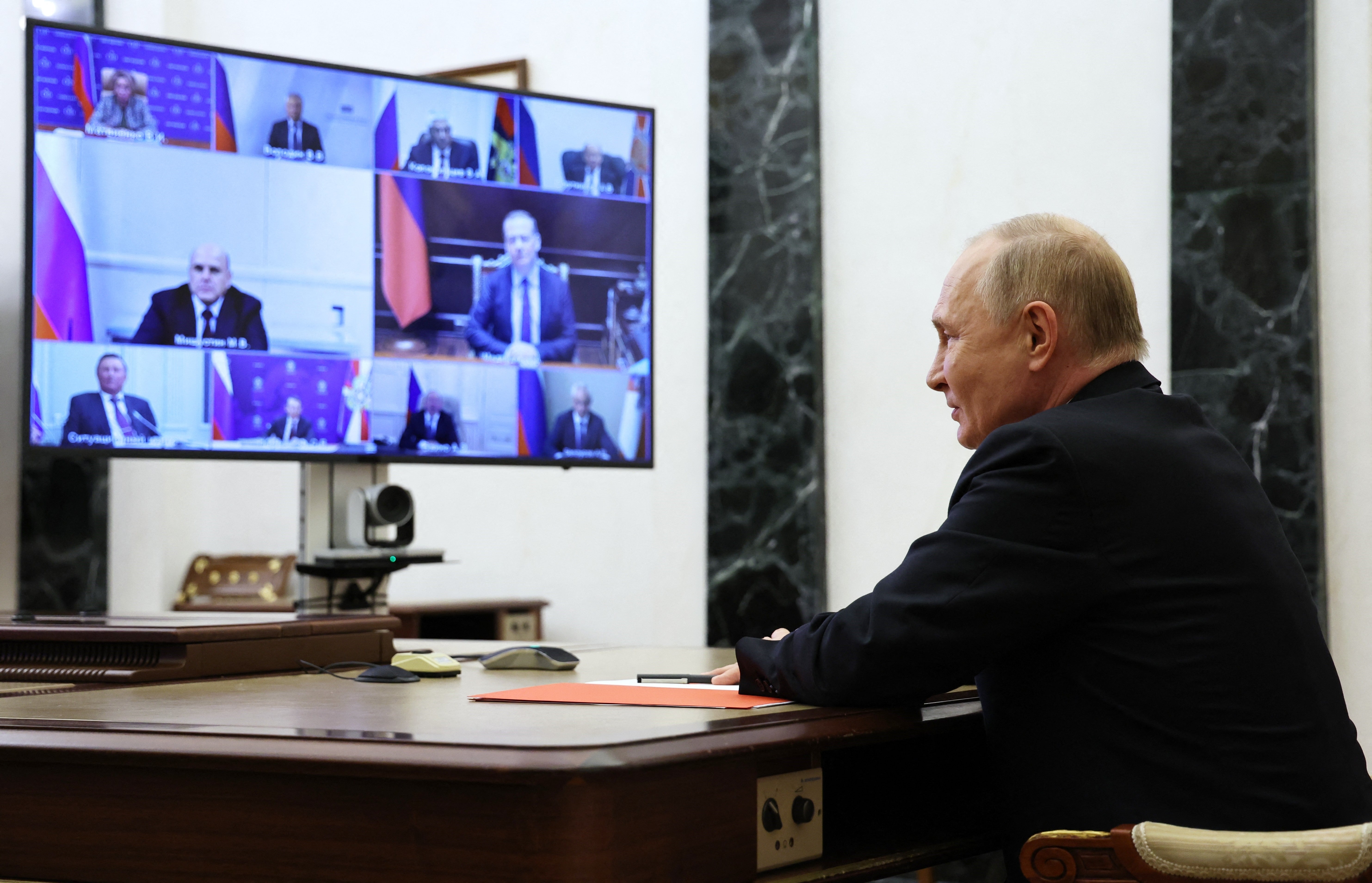 Vladimir Putin holds a Security Council meeting via videoconference in Moscow