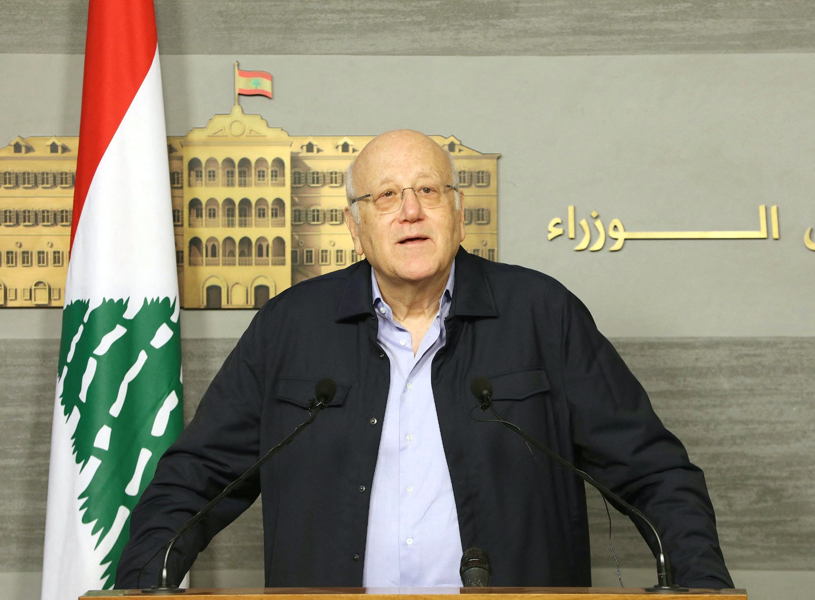 Lebanon’s caretaker Prime Minister Najib Mikati delivers a statement to the press in Beirut in September