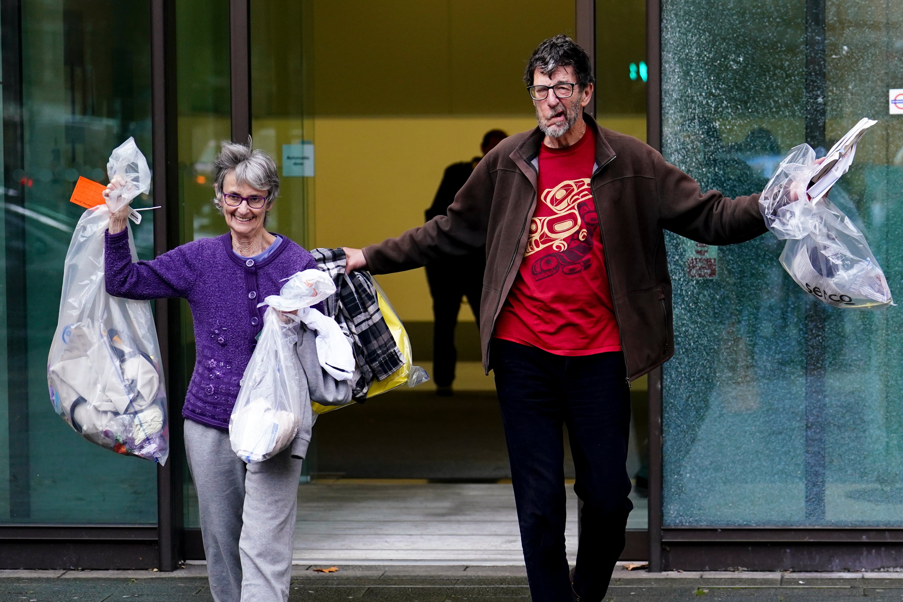 Just Stop Oil activists Mary Somerville, and Stephen Simpson leaving Westminster Magistrates' Court