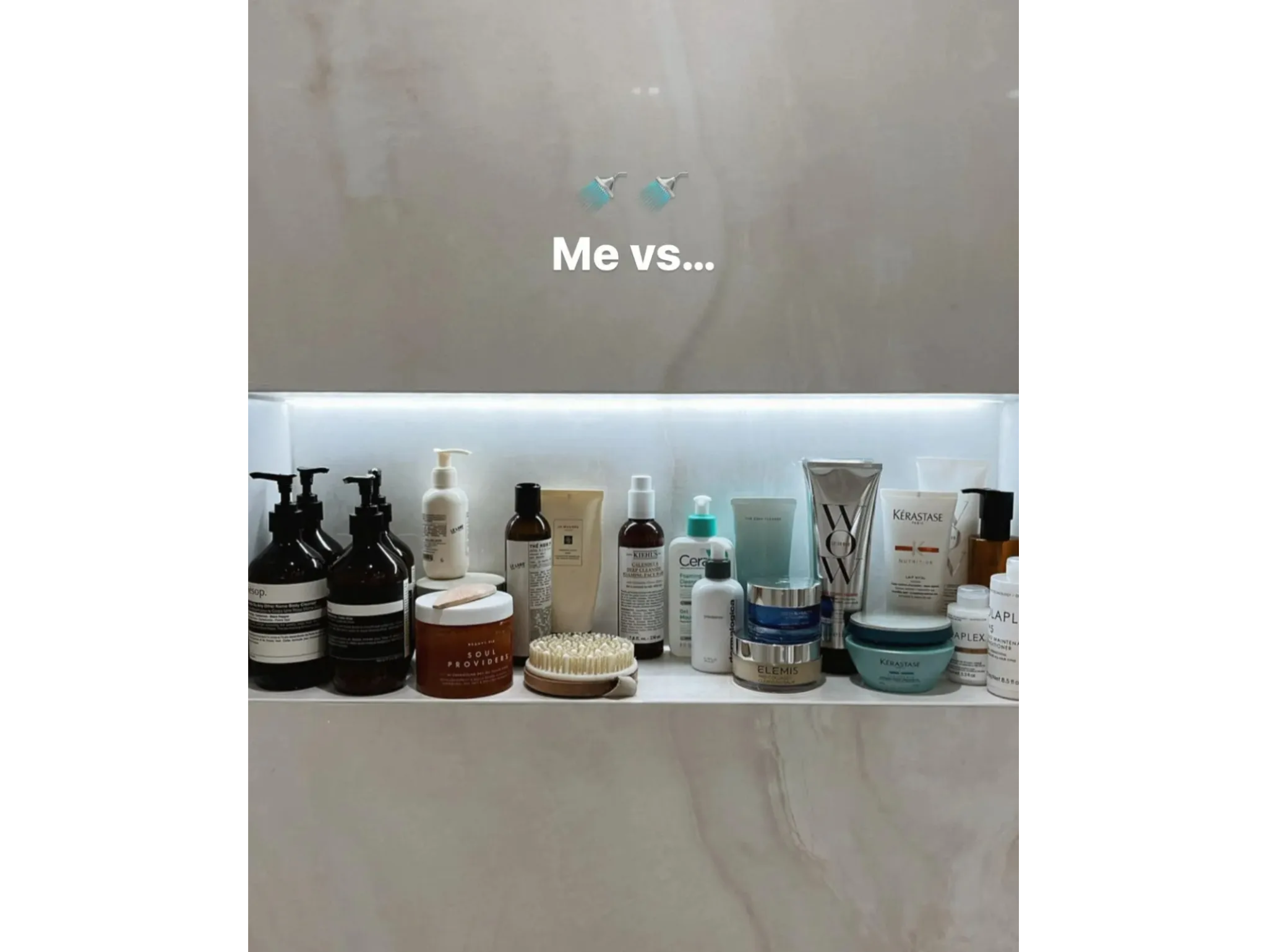 Color Wow’s color security shampoo features among Hague’s bathroom #shelfie of treatments, cleansers and scrubs