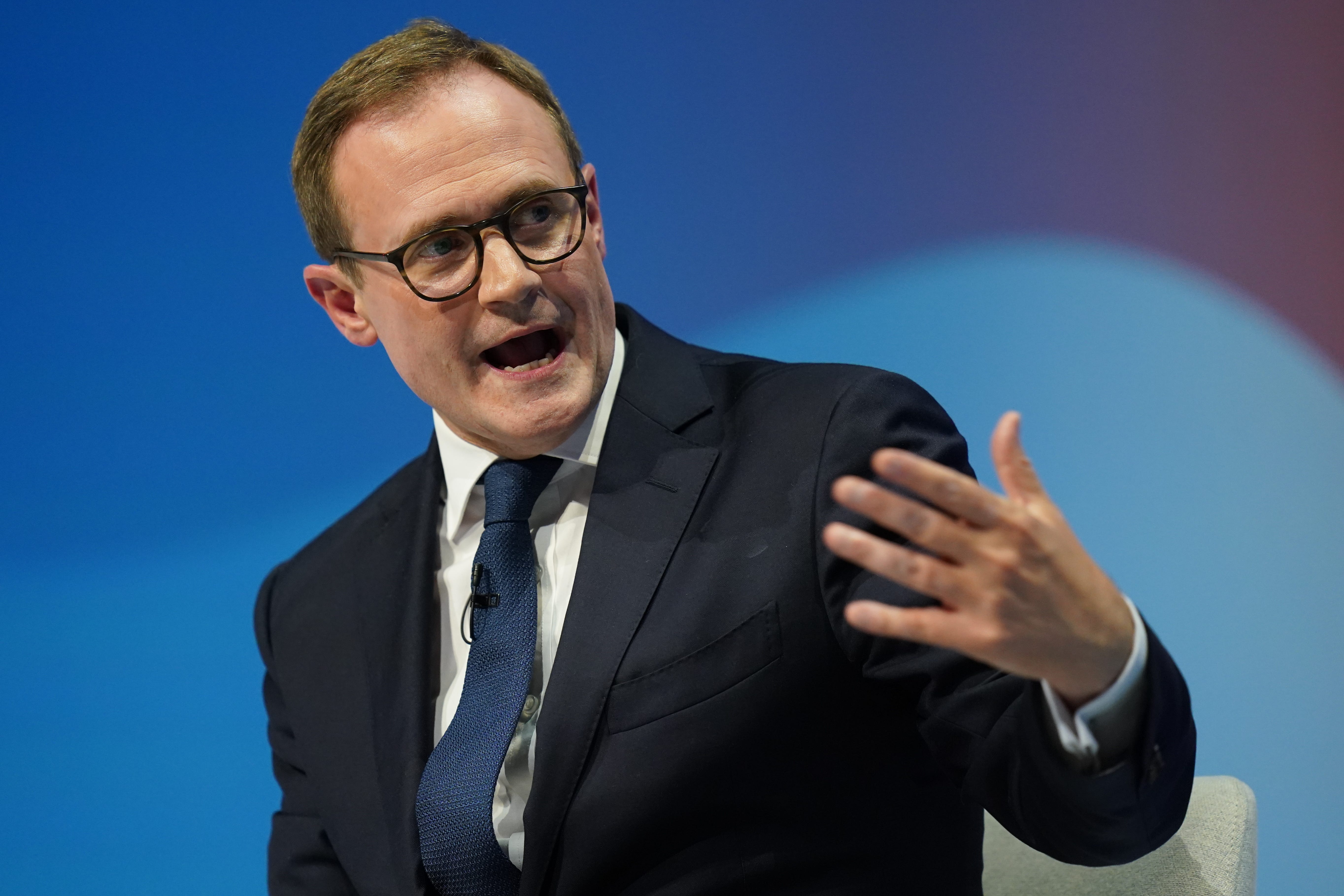 Tom Tugendhat took questions on the Conservative Party conference main stage (Jacob King/PA)