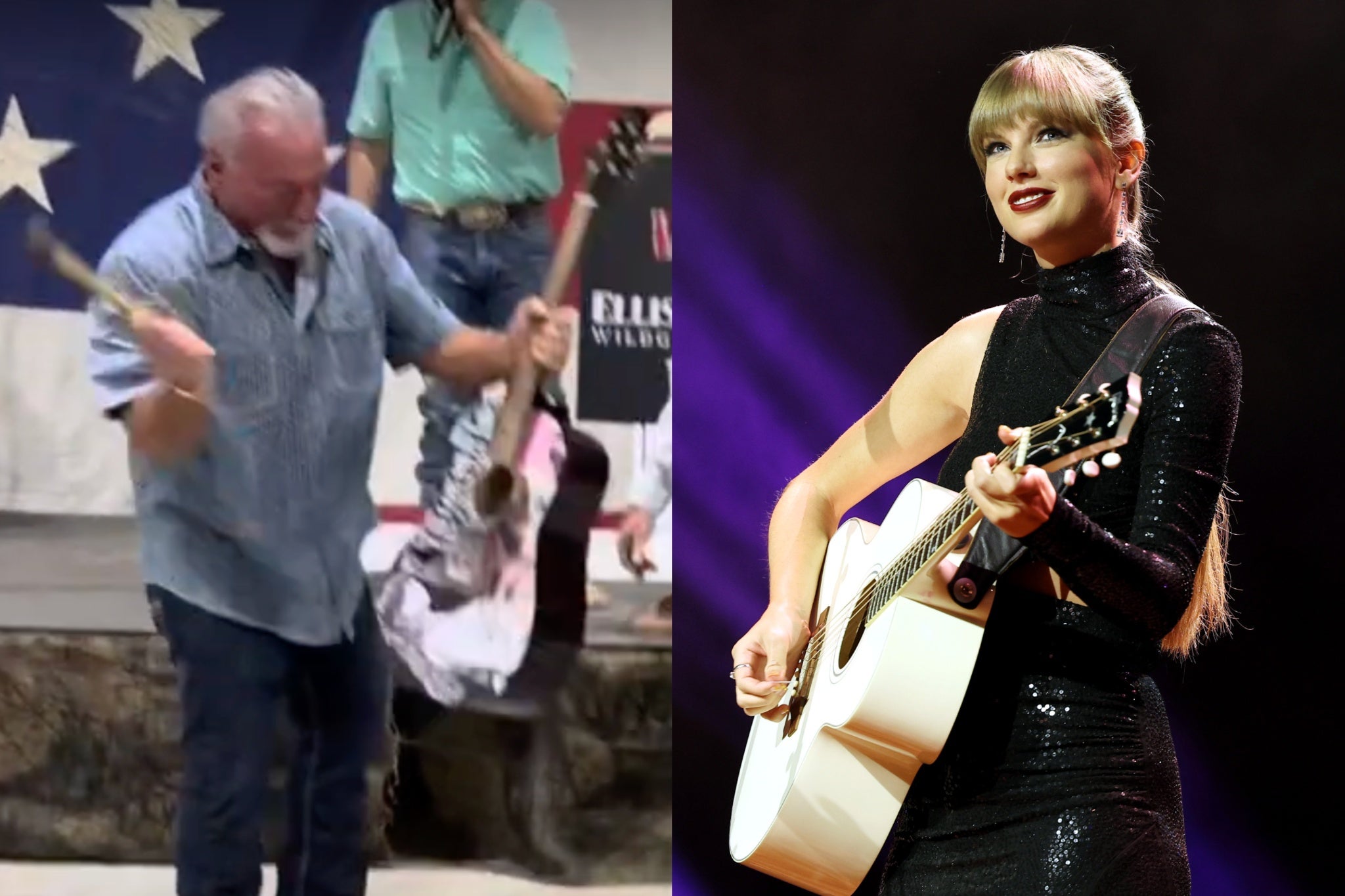 A man in Texas smashes a “signed” Taylor Swift guitar with a hammer; Taylor Swift