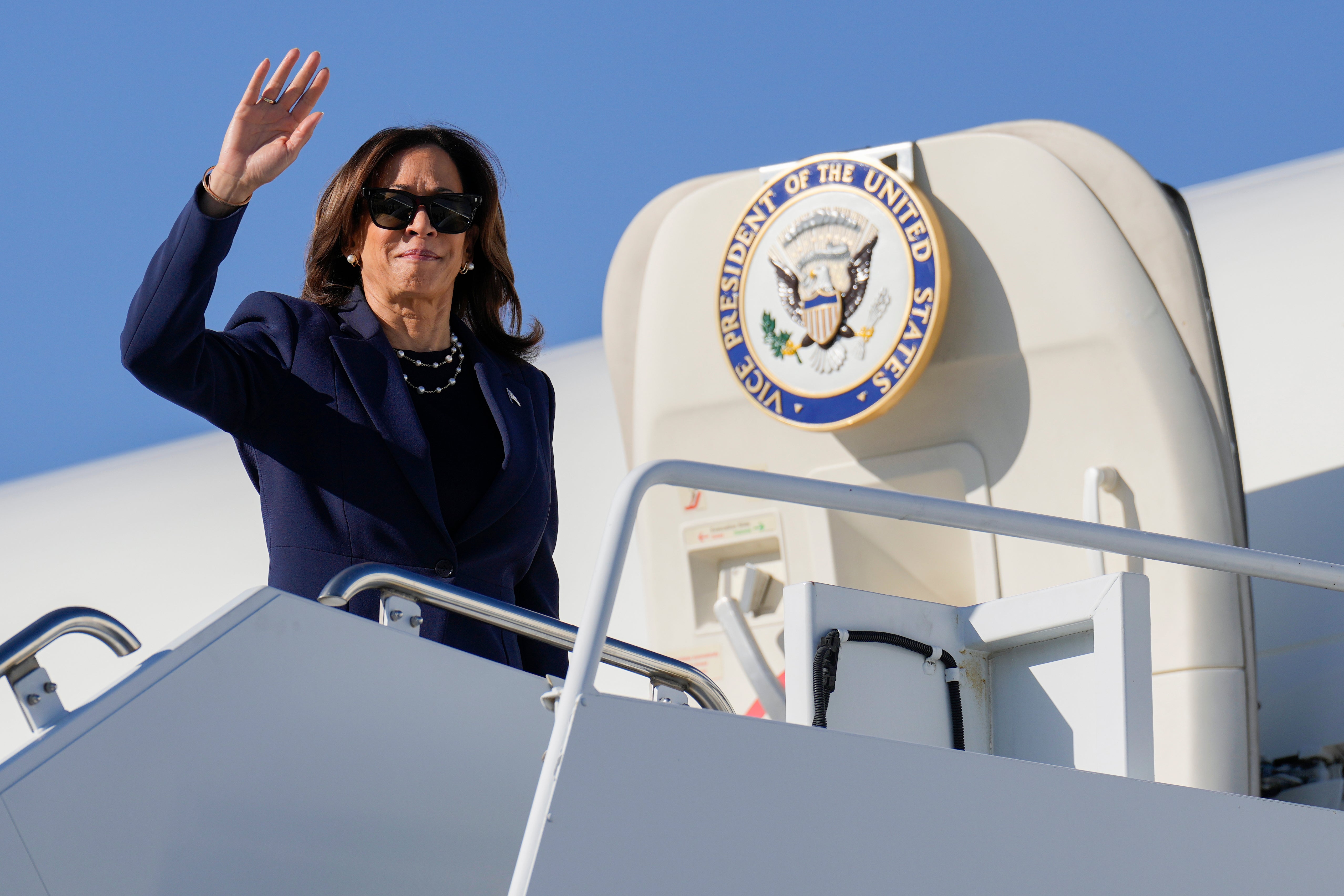 Democratic presidential nominee Vice President Kamala Harris boards Air Force Two in Las Vegas, Monday, Sept. 30, 2024. Harris will reportedly appear on Alex Cooper’s “Call Her Daddy” podcast in mid-October