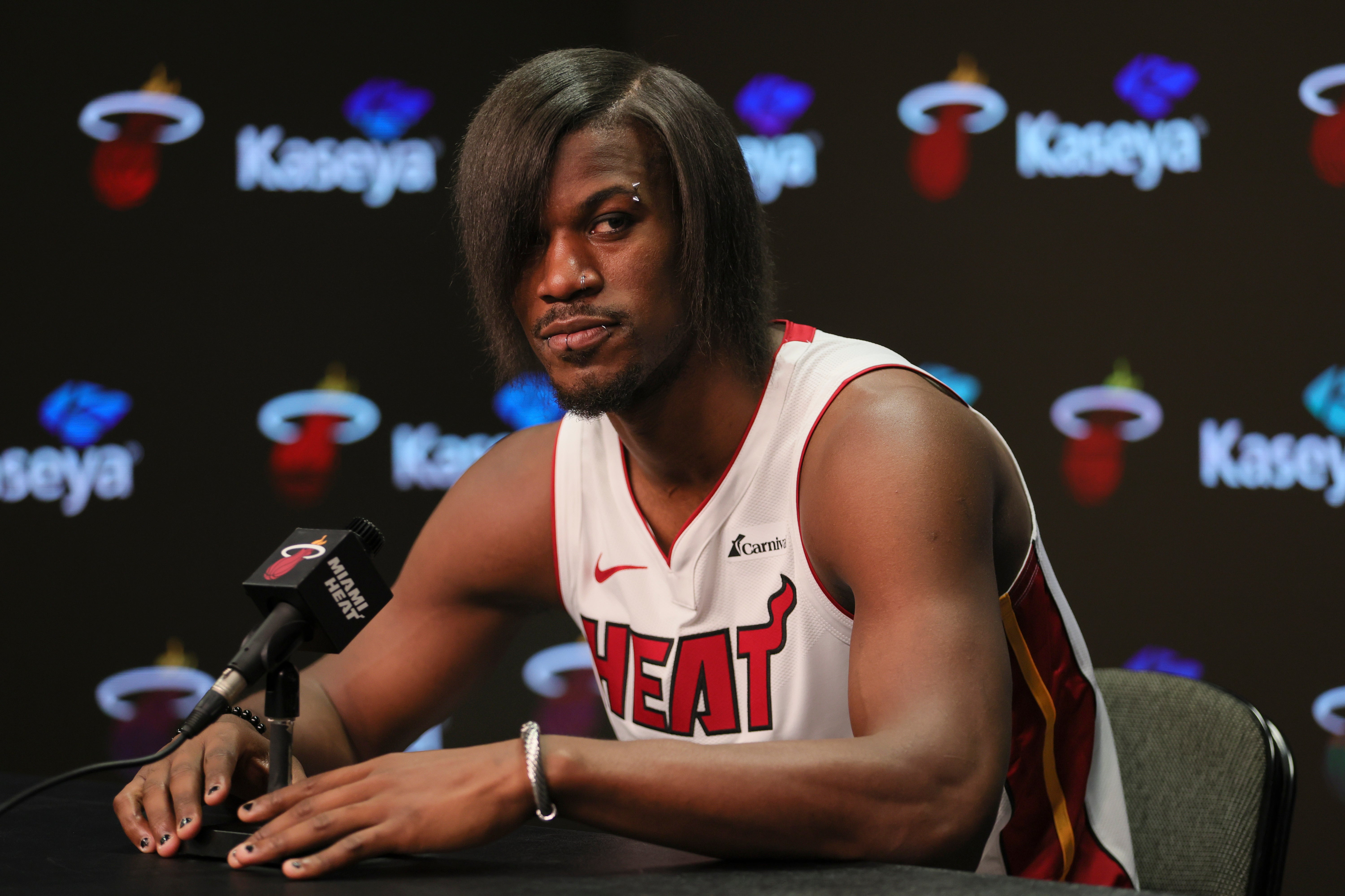 Jimmy Butler sports ‘emo’ look for Miami Heat media day in October 2023