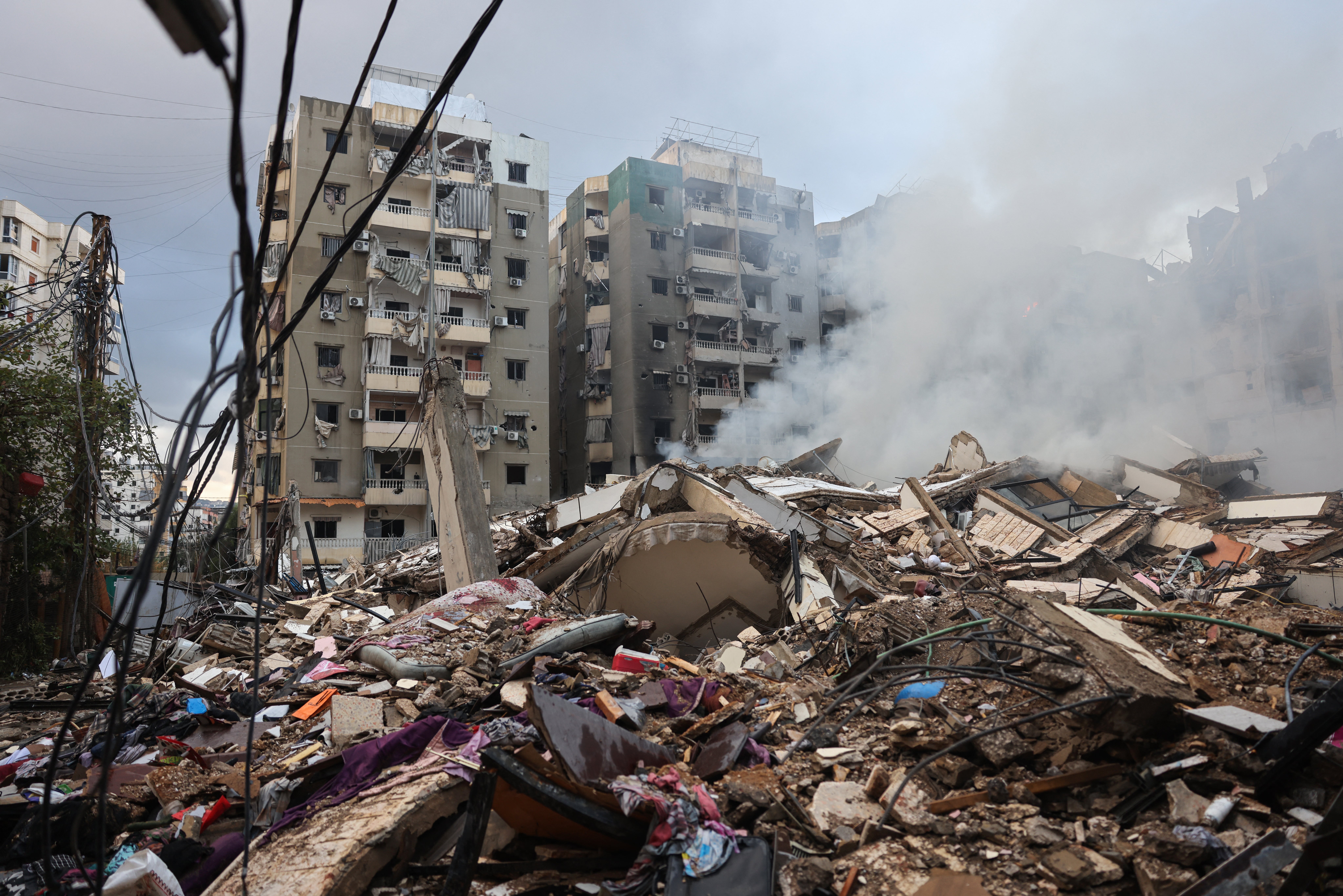 This picture shows a view of the destruction at the site of an overnight Israeli airstrike on the Laylaki neighbourhood in Beirut’s southern suburbs