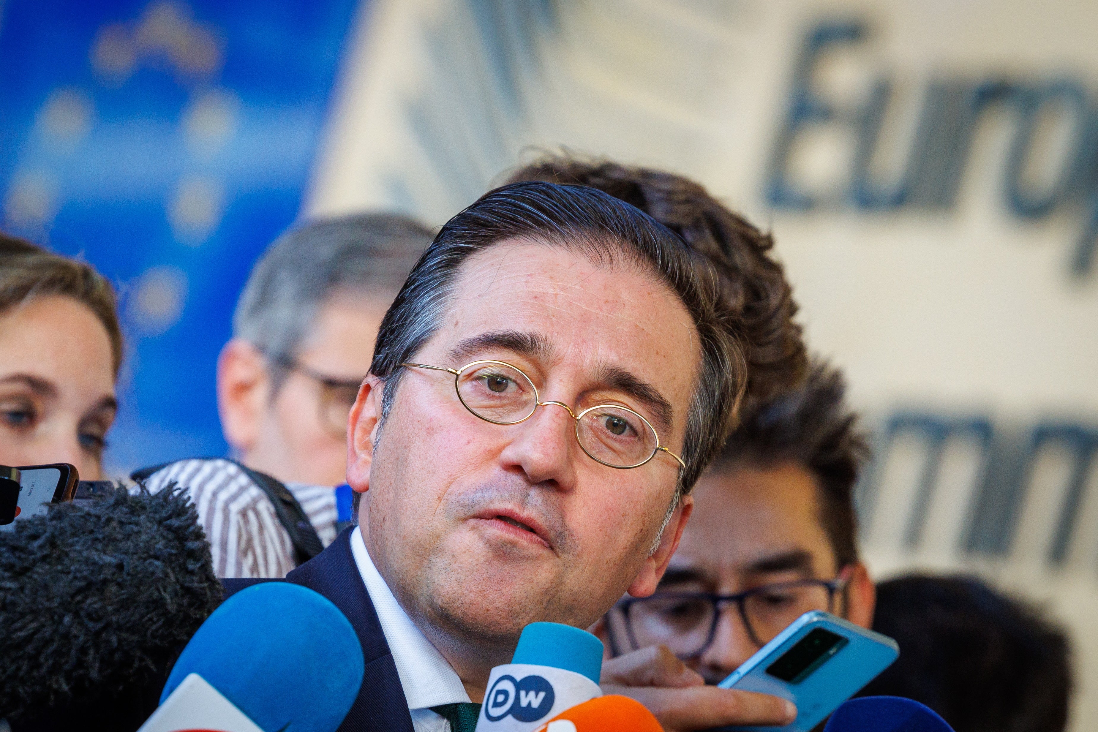 Spanish Foreign Minister Jose Manuel Albares speaks with the media representatives outside the European Commission