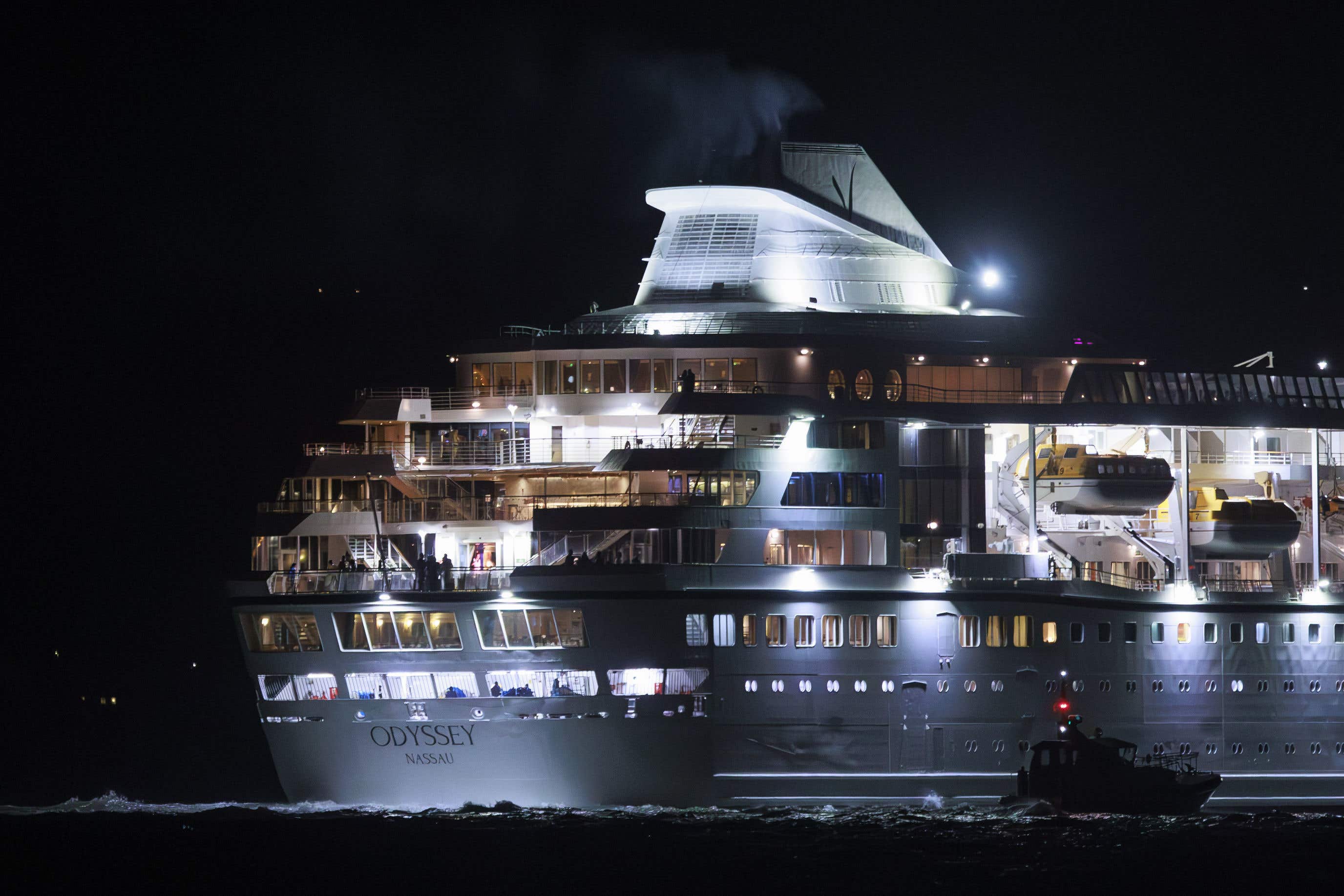 The Villa Vie Odyssey cruise ship leaves Belfast Harbour on Monday night (Liam McBurney/PA)