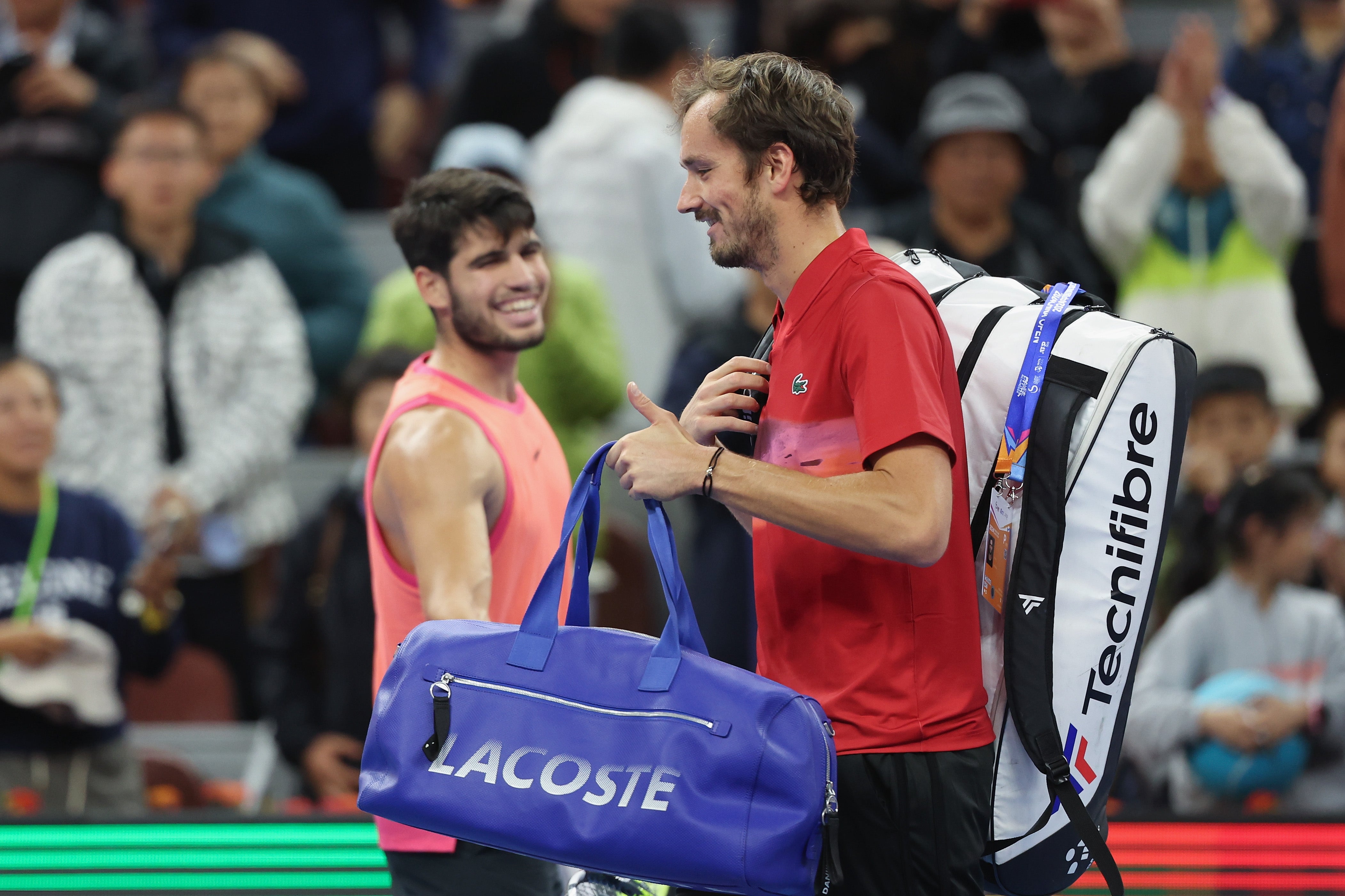 Alcaraz laughs as Medvedev leaves the court