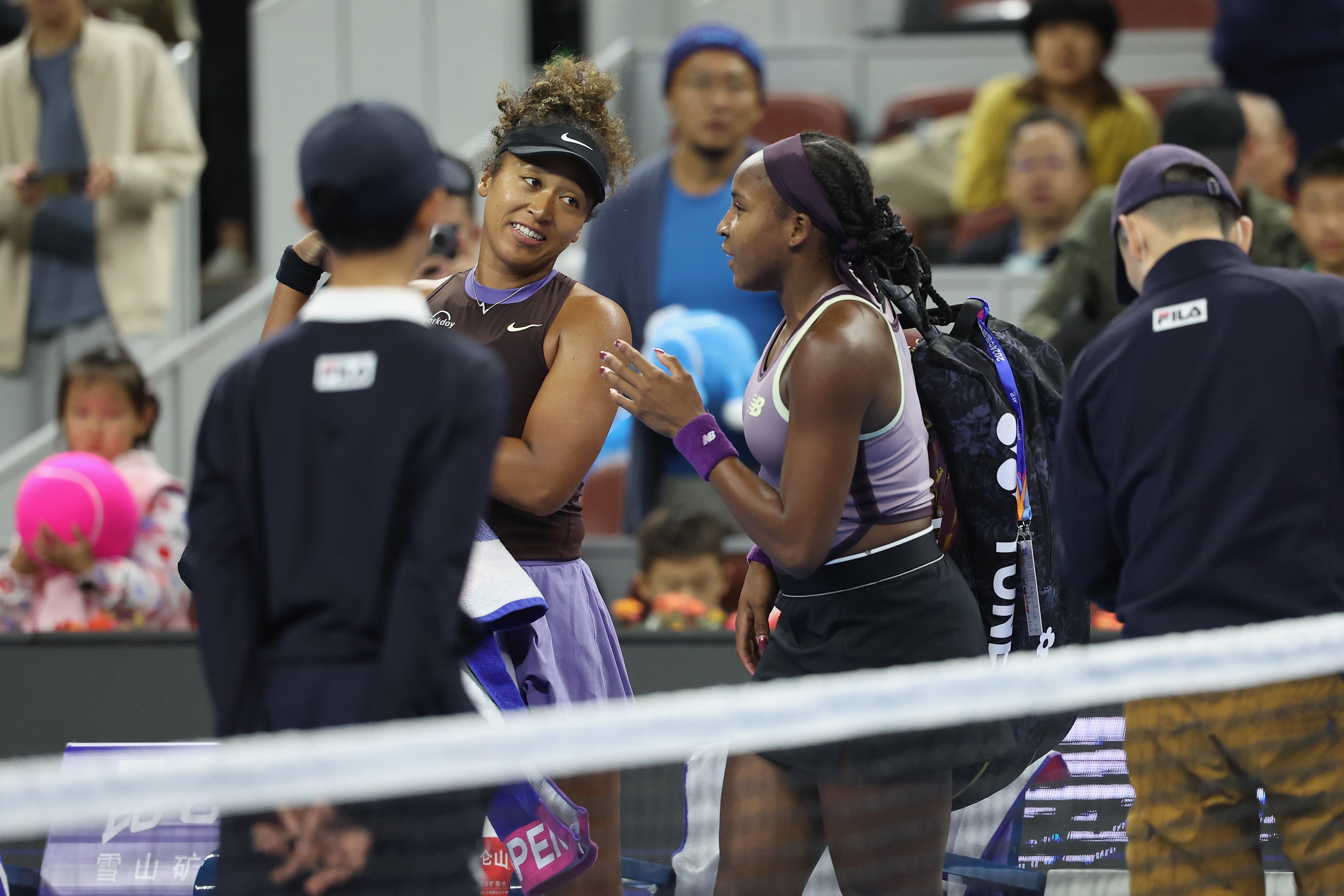 Gauff speaks with Osaka after her sudden retirement from the match