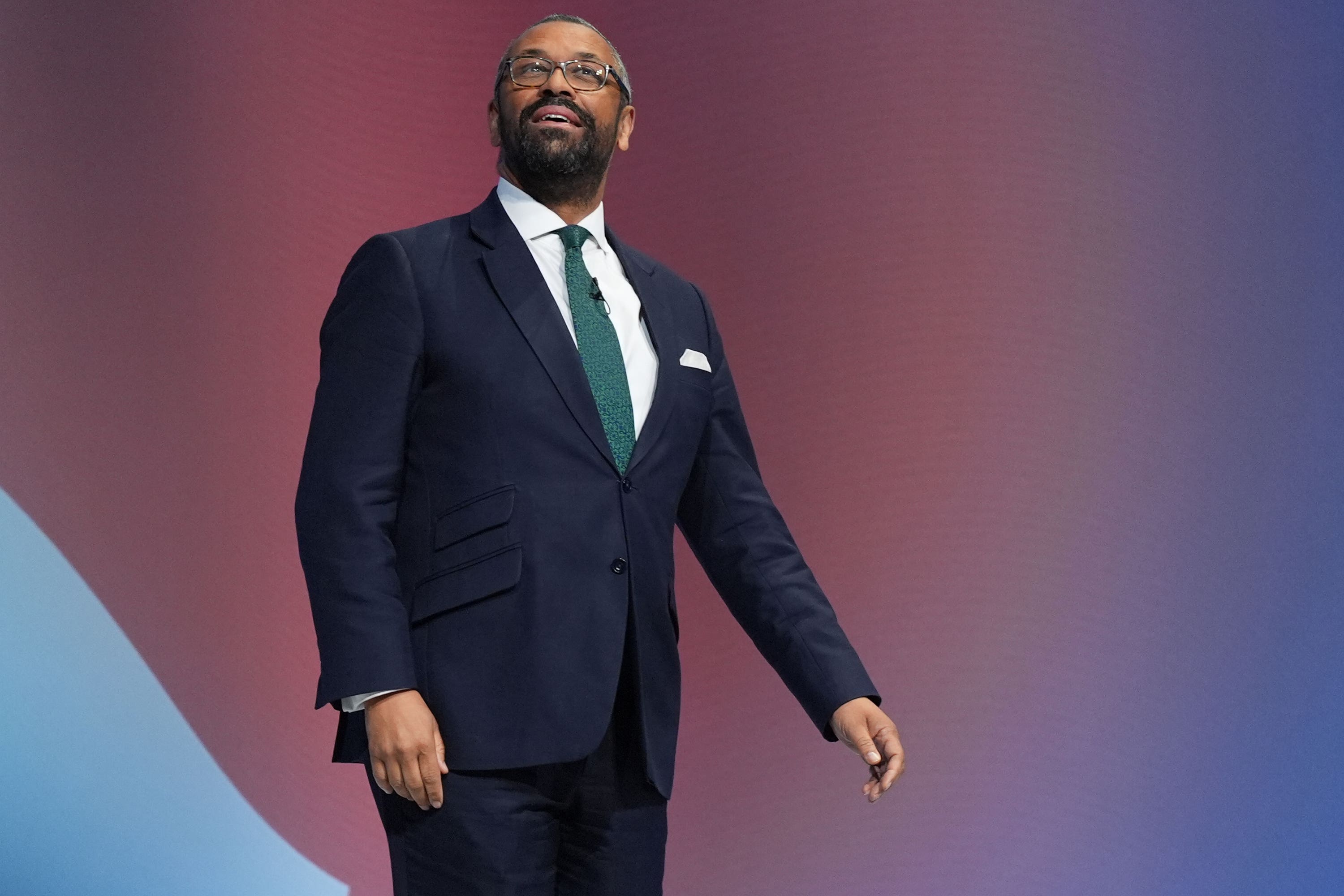 Tory leadership candidate James Cleverly arrives to take part in a Q&A in front of party members at the Conservative Party conference at the International Convention Centre in Birmingham (Jacob King/PA)