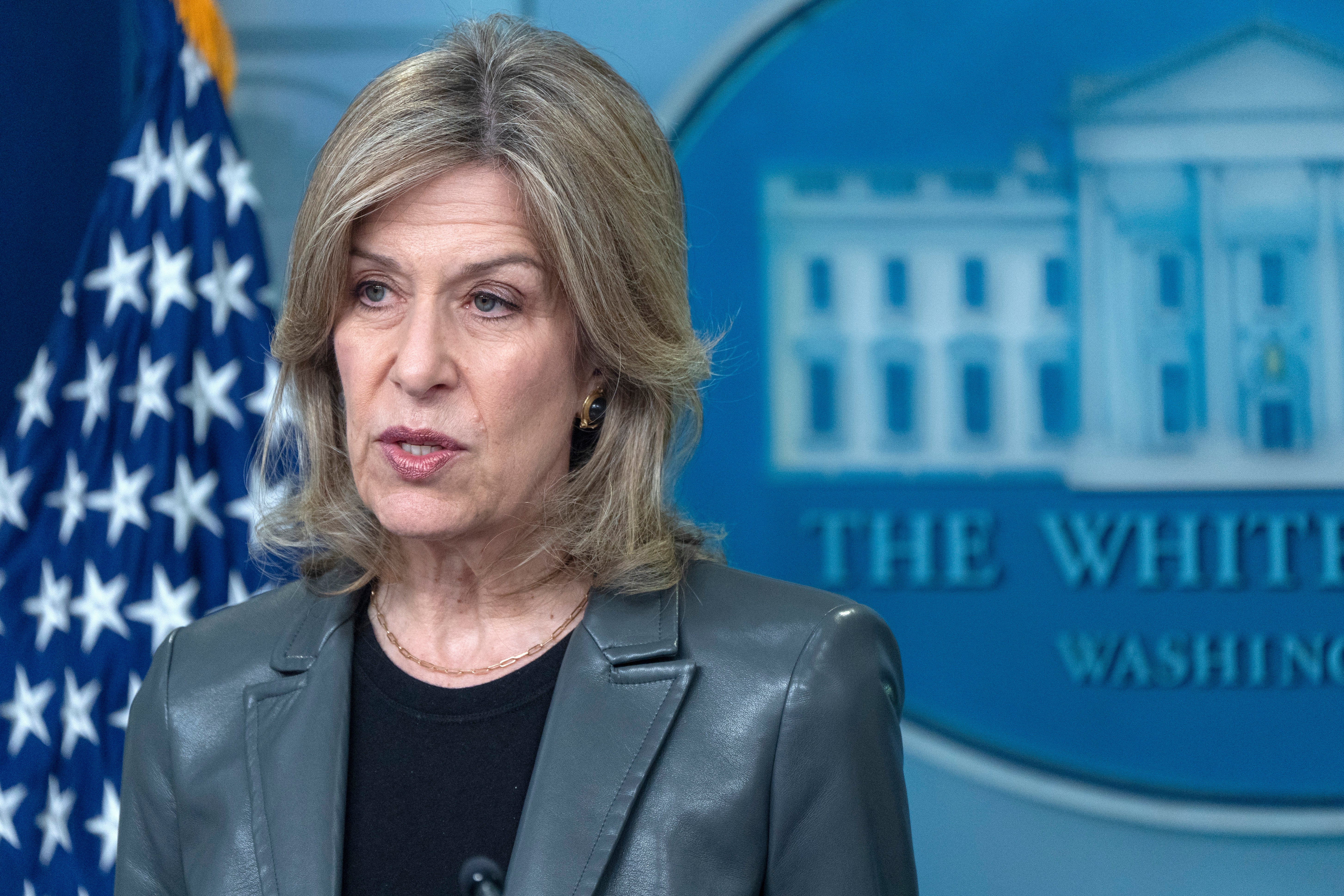 White House Homeland Security Advisor Liz Sherwood-Randall speaks Monday at the White House. She said deaths associated with Hurricane Helene and its devastating impacts could be as many as 600, but cautioned that it’s too soon to know.