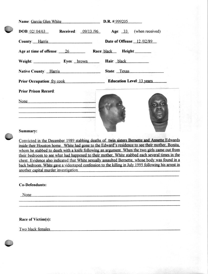 White’s inmate information from the Texas Department of Criminal Justice reveals the severity of his crimes